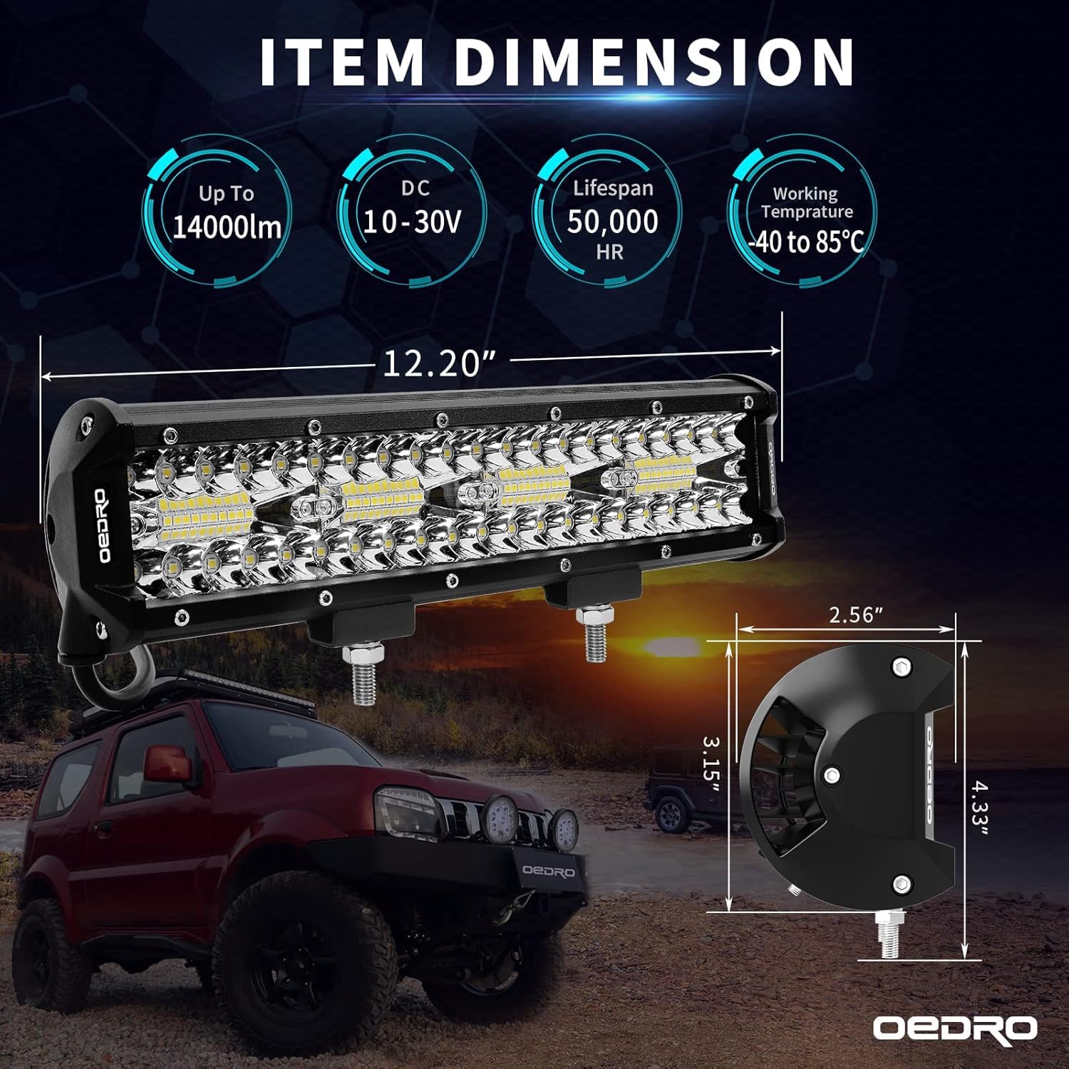 Oedro 12 Inch Led Light Bar Spot Flood Combo Tri-Row Driving Light Ip68 Off Road Fit For Pickup 4X4 Atv Utv Suv 4Wd Truck Tracto