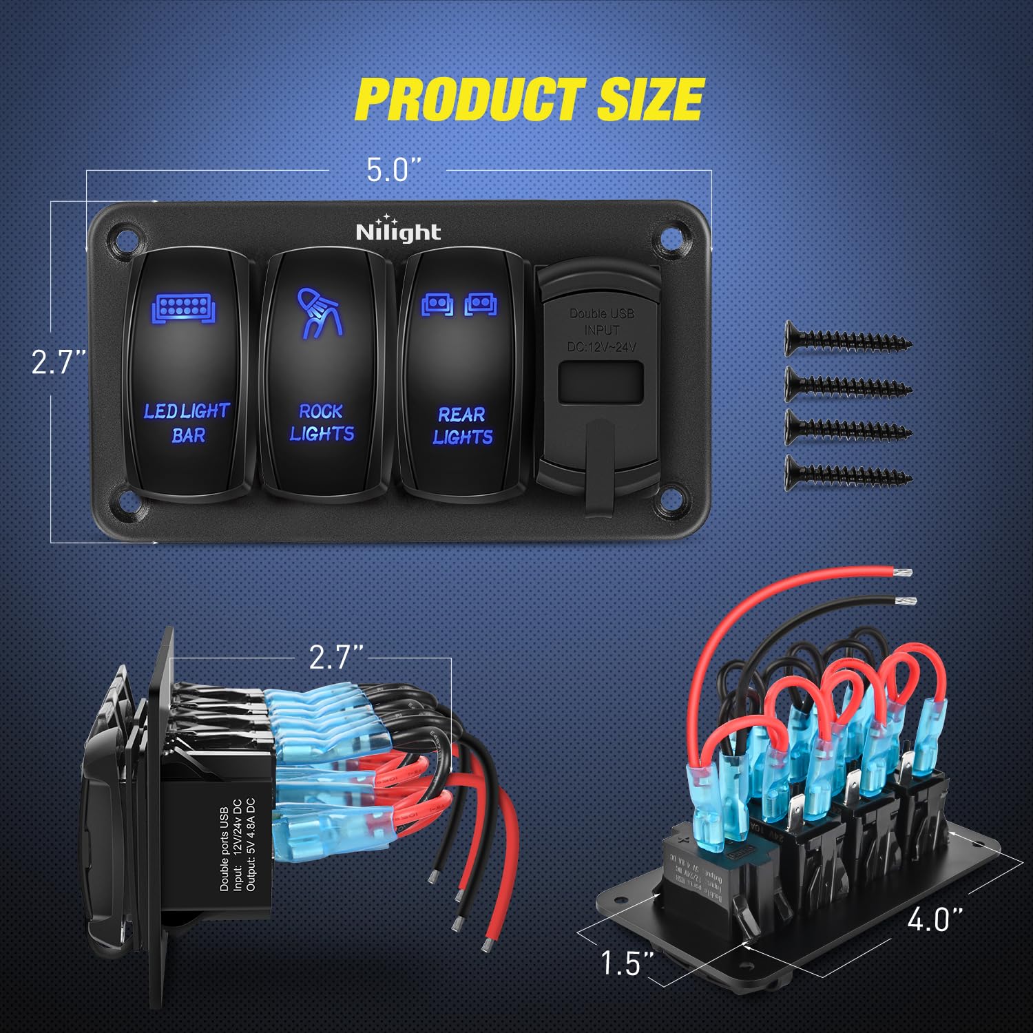 Nilight 3 Gang Rocker Switch Aluminum 12V 24V Laser Toggle Switch Panel Blue Pd Type C Usb Charger Voltmeter Led Light Bar Rock Lights Rear Lights For Car Truck Boat Rv