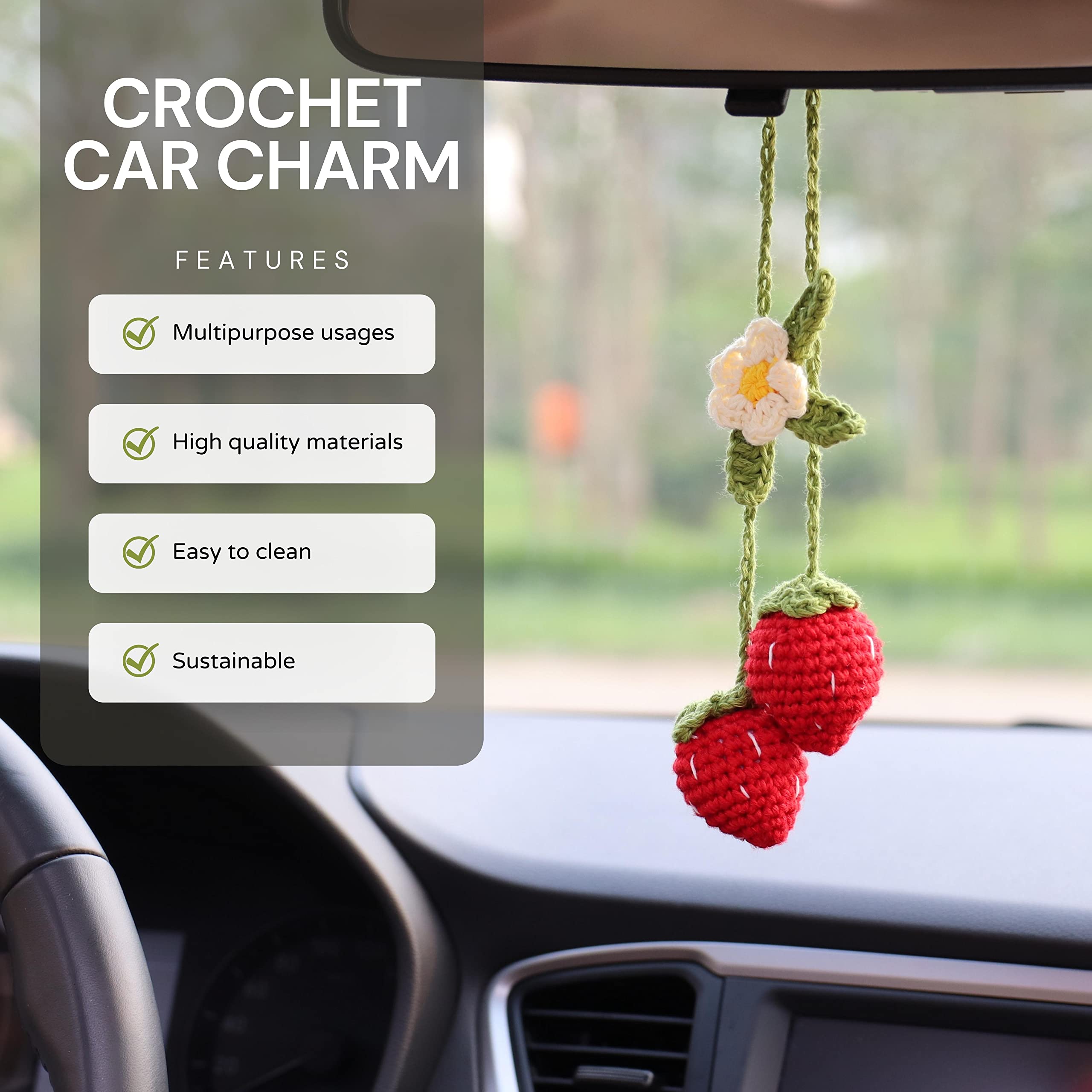 Bunny Crochet Strawberry Car Hanging Ornament, Handmade Car Rear View Mirror Hanging Accessories, Strawberry Car Ornament, Bag C