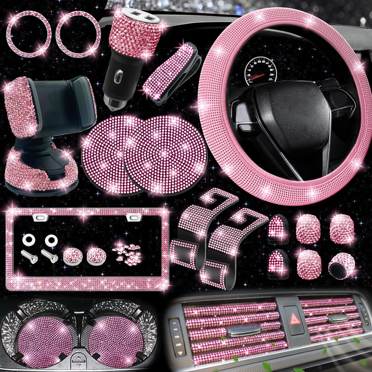 Nbtepem 27 Pcs Pink Bling Car Accessories Set For Women, Bling Steering Wheel Covers Universal Fit 15 Inch, Bling License Plate 