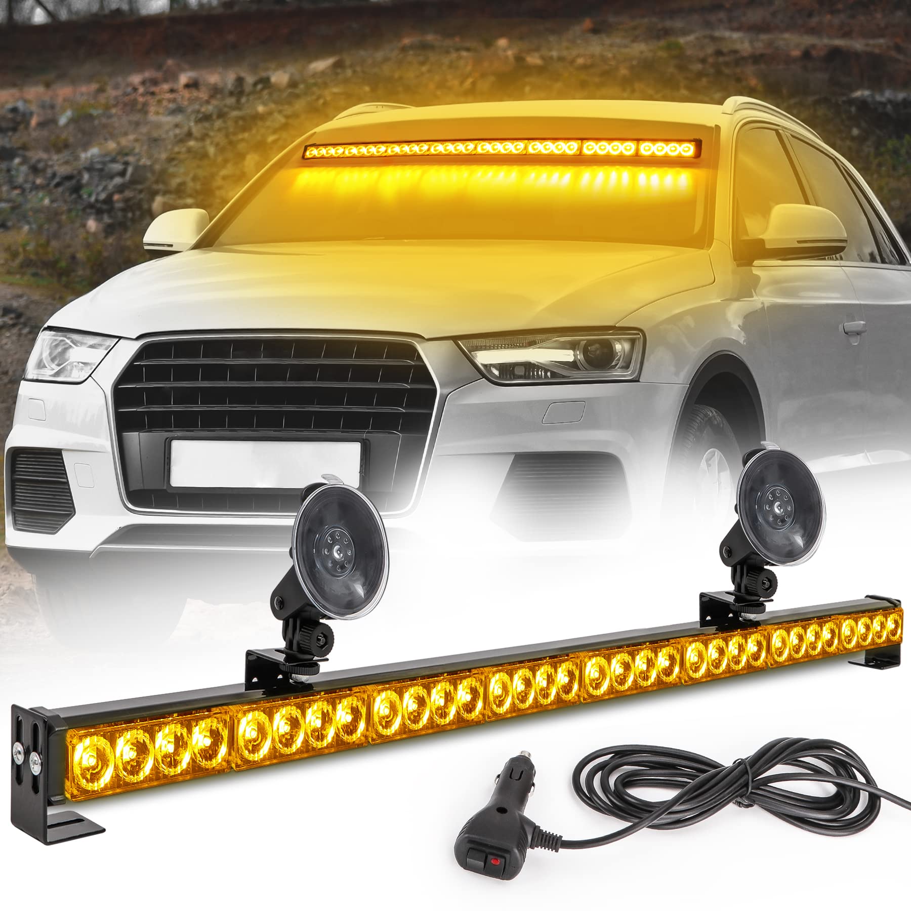 Emergency Light Bar 35.5 Inch 13 Flash Patterns 32 Led Warning Lights Traffic Advisor Bar Yellow Strobe Safety Lights With Cigar