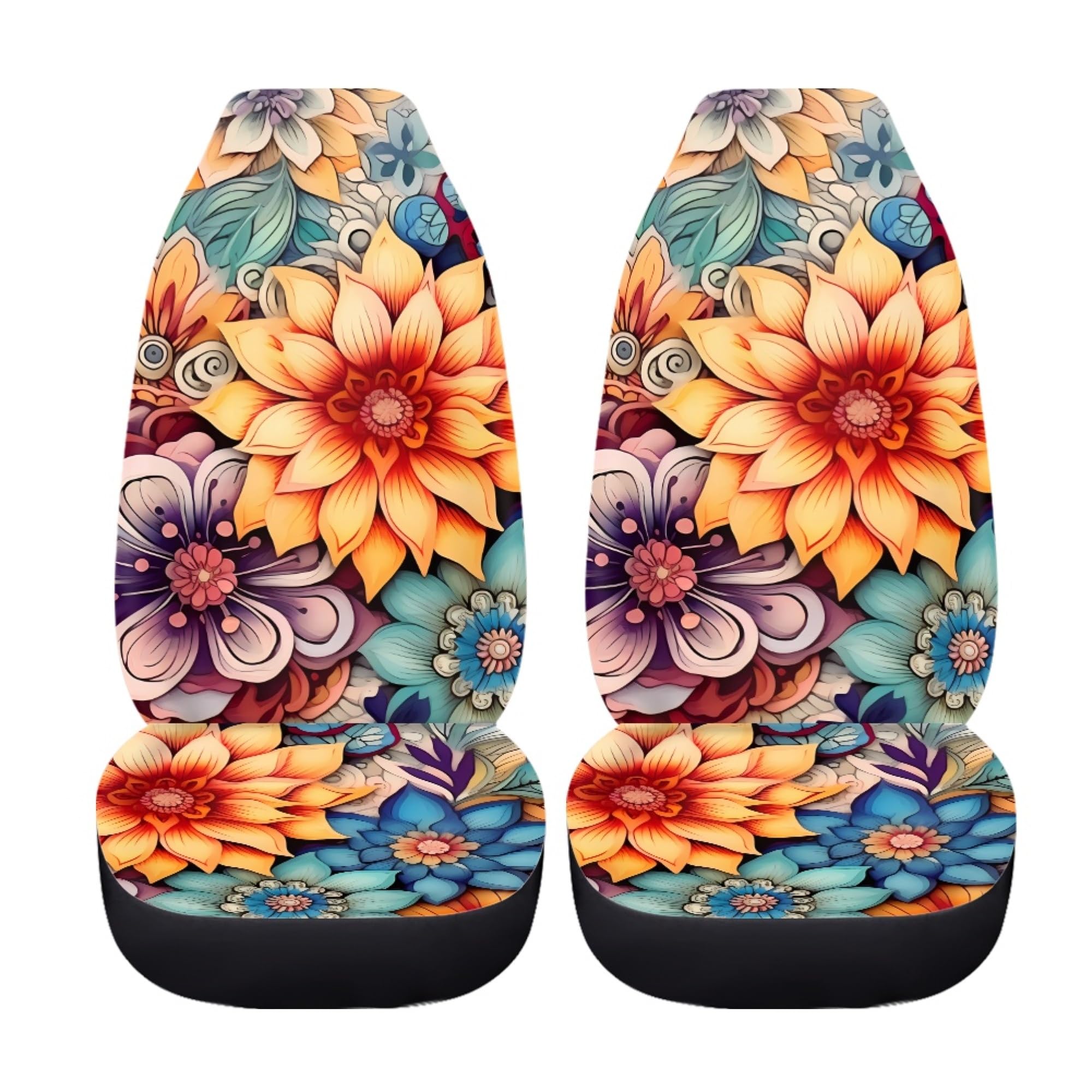 Bigcarjob Blossoms Flower Car Seat Covers For Womens,Full Set Of 2 Pcs Bohemian Floral Style Auto Front Seat Protector Durable S