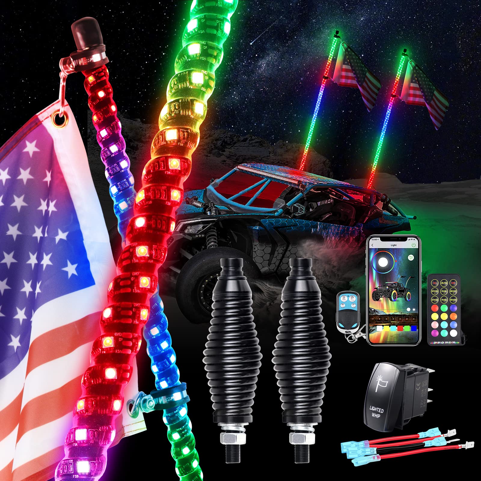 Whip Lights Uemicip 2PCS 2FT Spiral RGB LED Whip Light for UTV, with Spring Base App & RF Wireless Remote Control, Chasing Light