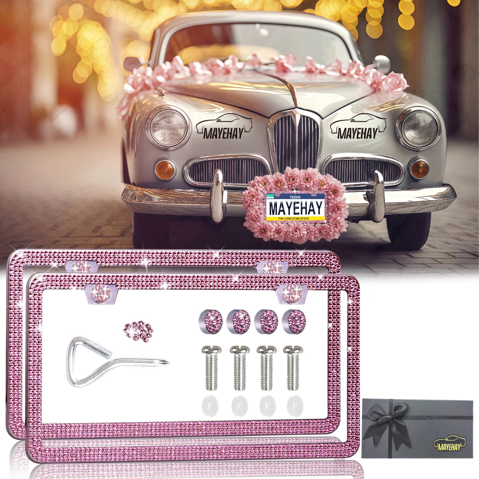 Pink License Plate Frame 2 Packs Bling License Plate Frames For Women Rhinestone License Plate Holder Sparkly License Plate Fram