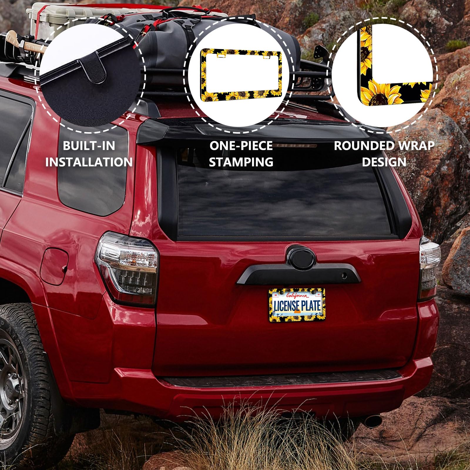 Sunflower License Plate Frame - 2 PCS Aluminum Metal Yellow Sunflowers License Plate Frames Holder Covers, Rust-Proof Waterproof