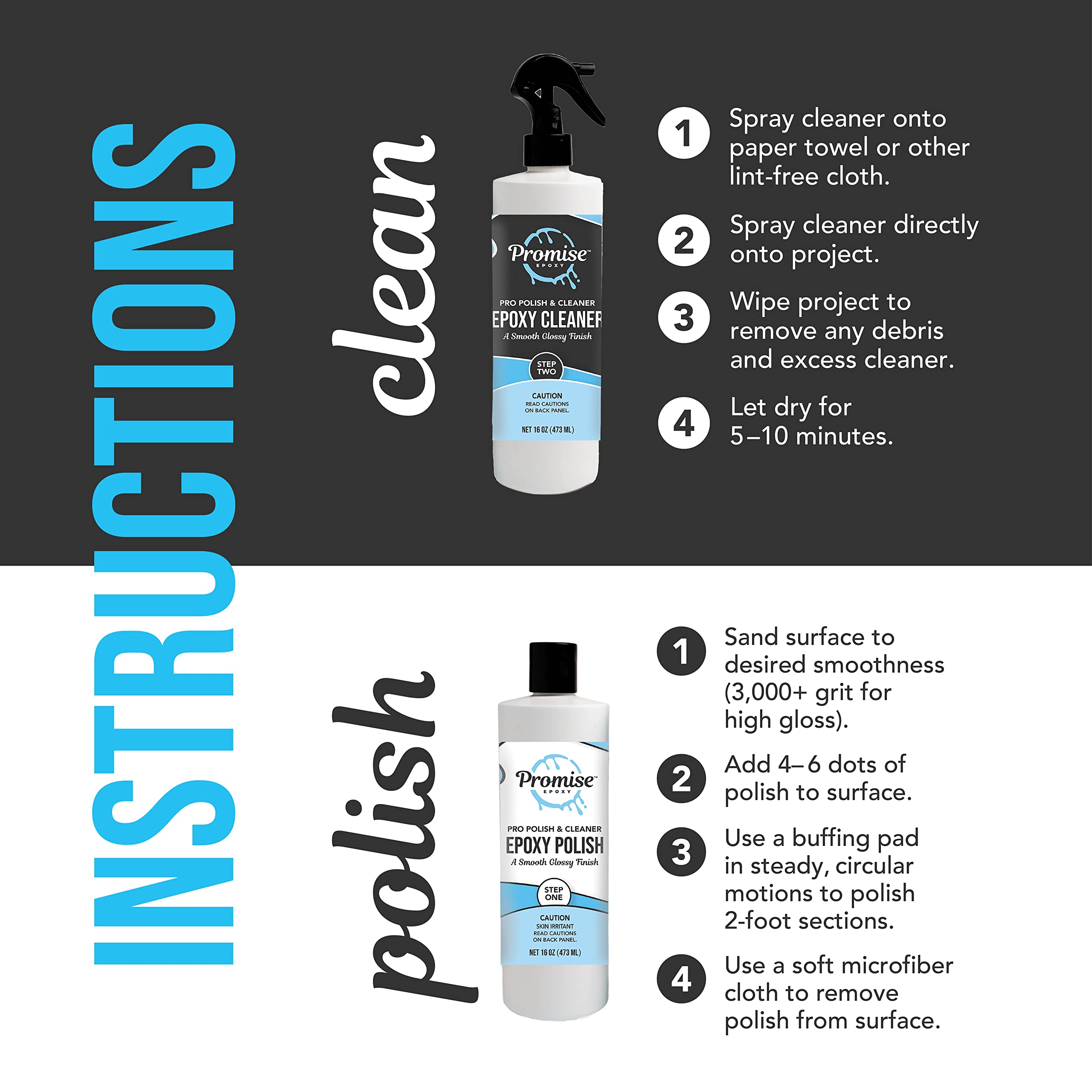 Promise Epoxy - 32 Ounce Kit of Pro Polish (16oz) & Cleaner (16oz), Specially Formulated for Epoxy Resin & High Gloss Finishes,