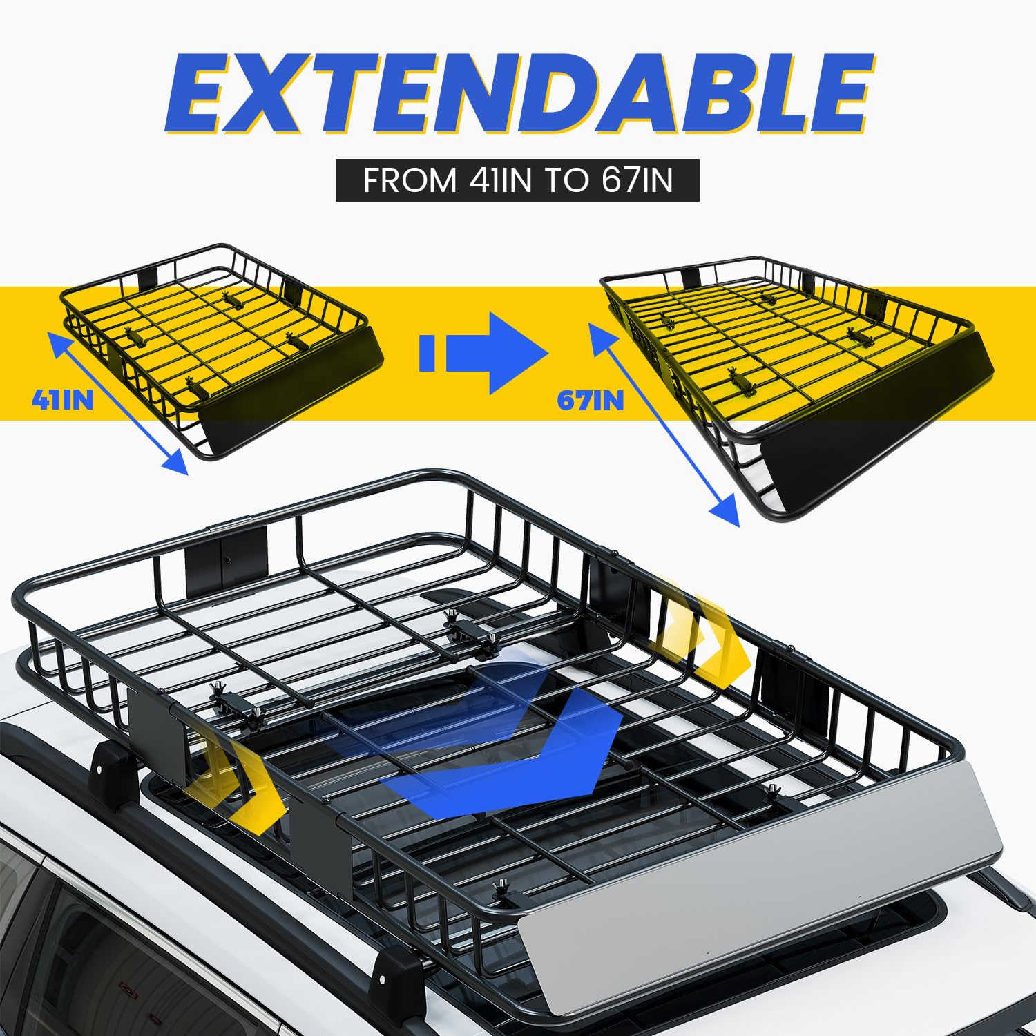 Ecotric 67 X 39 X 5.1'' Universal Roof Rack Cargo Carrier Basket With Extension Heavy Duty Steel Car Suv Top Luggage Storage Holder Basket For Travel 550Lbs Weight Capacity