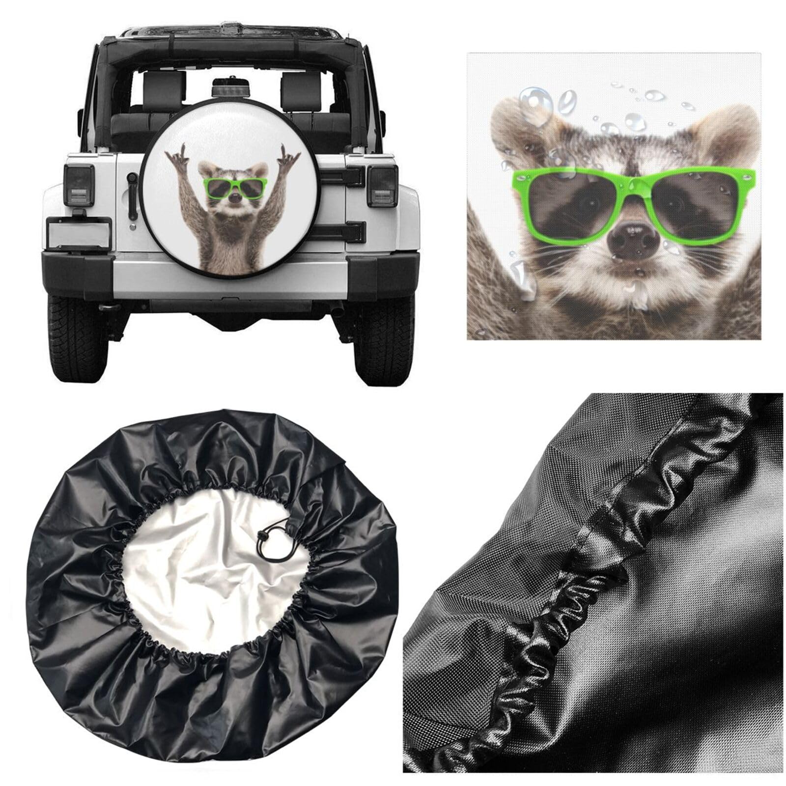 Funny Raccoon in Green Sunglasses Spare Tire Cover Cute Animal Tire Wheel Covers Waterproof Weatherproof Wheel Tire Protector Ty