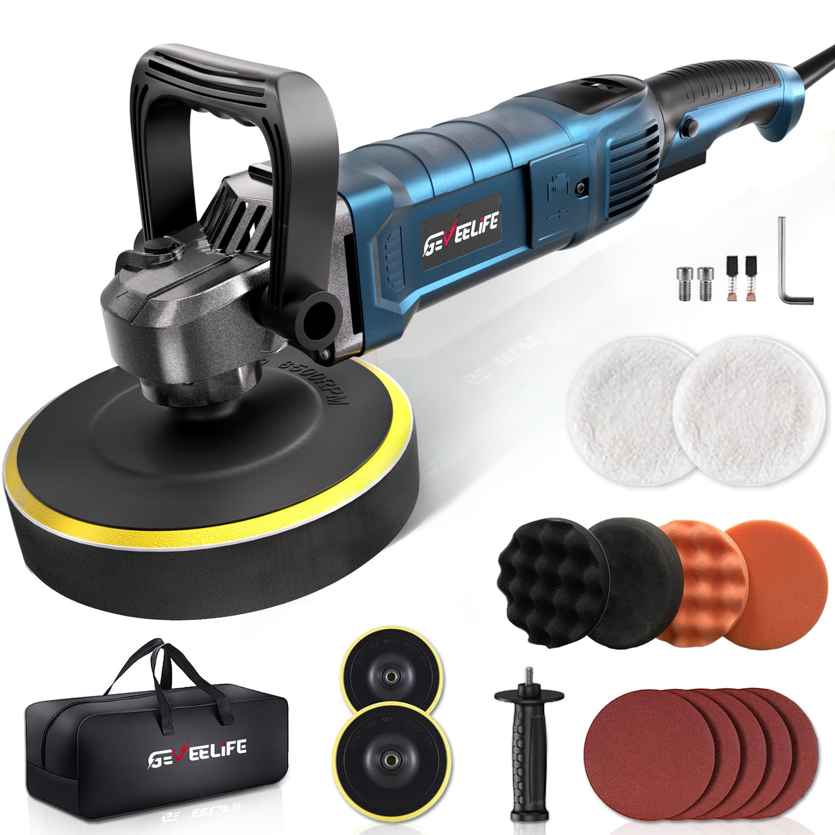 Geveelife Buffer Polisher, 6 Inch/7 Inch 1600W Rotary Car Buffer Polisher Waxer, 7 Variable Speed 1000-3500 Rpm, Detachable Hand