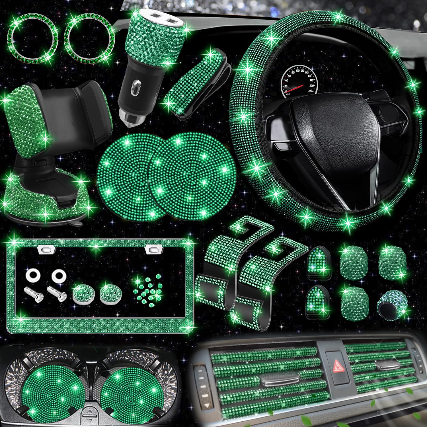 NBTEPEM 27 PCs Green Bling Car Accessories Set for Women, Bling Steering Wheel Covers Universal Fit 15 Inch, Bling License Plate