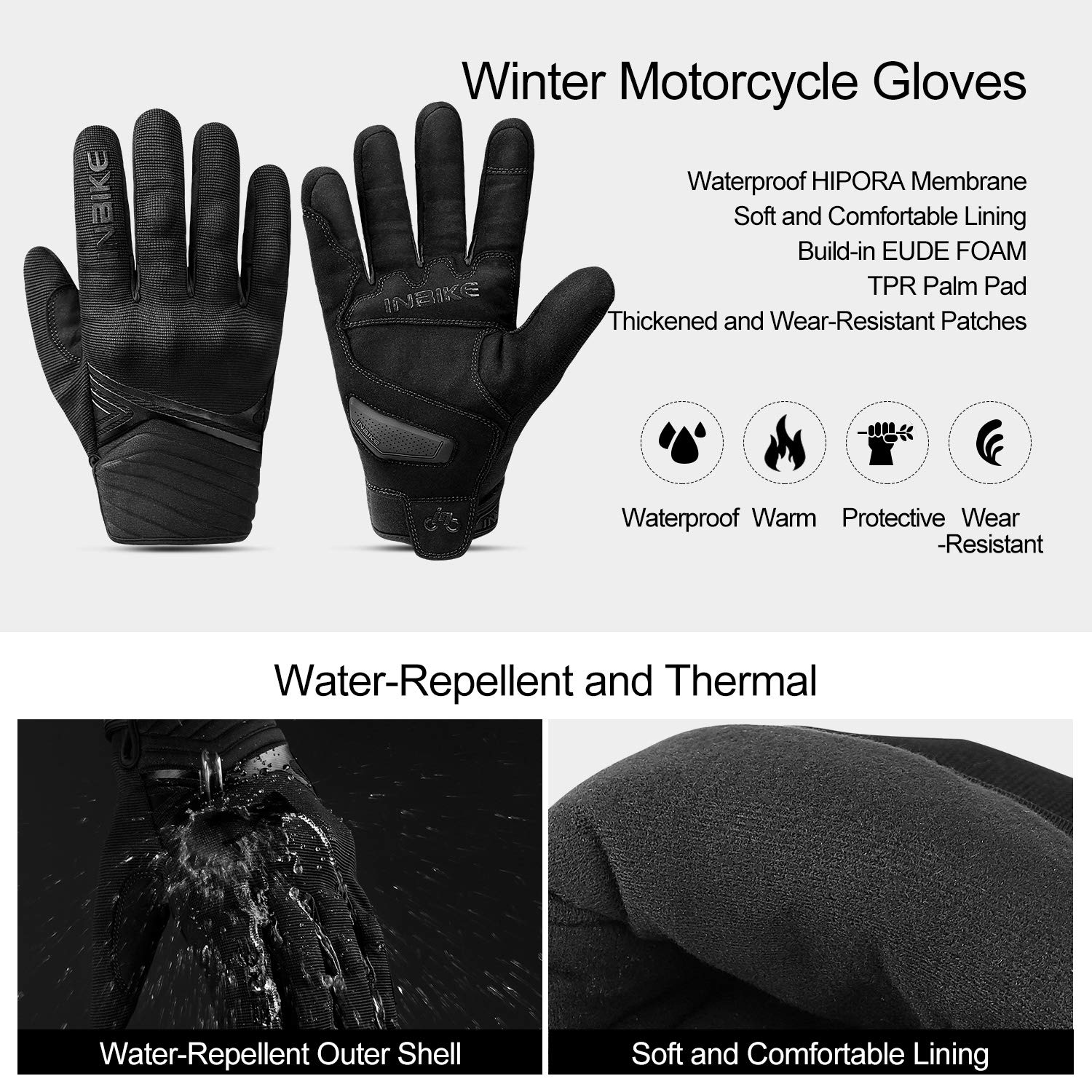 Inbike Waterproof Winter Motorcycle Gloves Thermal Fleece Touchscreen With Tpr Palm Pad Cushioning Hard Knuckle Black Medium
