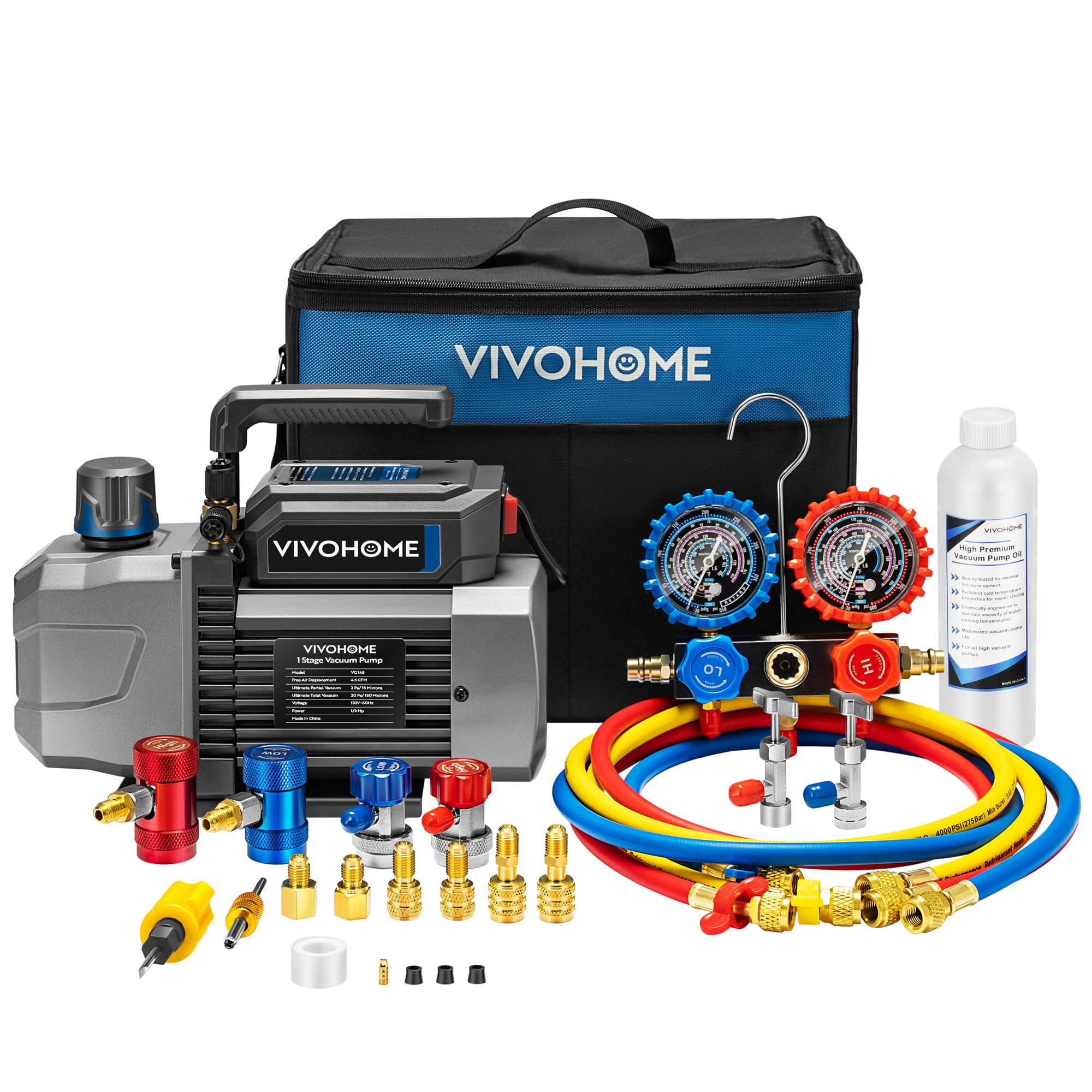 VIVOHOME A2L AC Vacuum Pump and Manifold Gauge Set, 1/3 HP 4.5CFM Single Stage HVAC Vacuum Pump Kit with 5ft Hoses, Sparkless Mo
