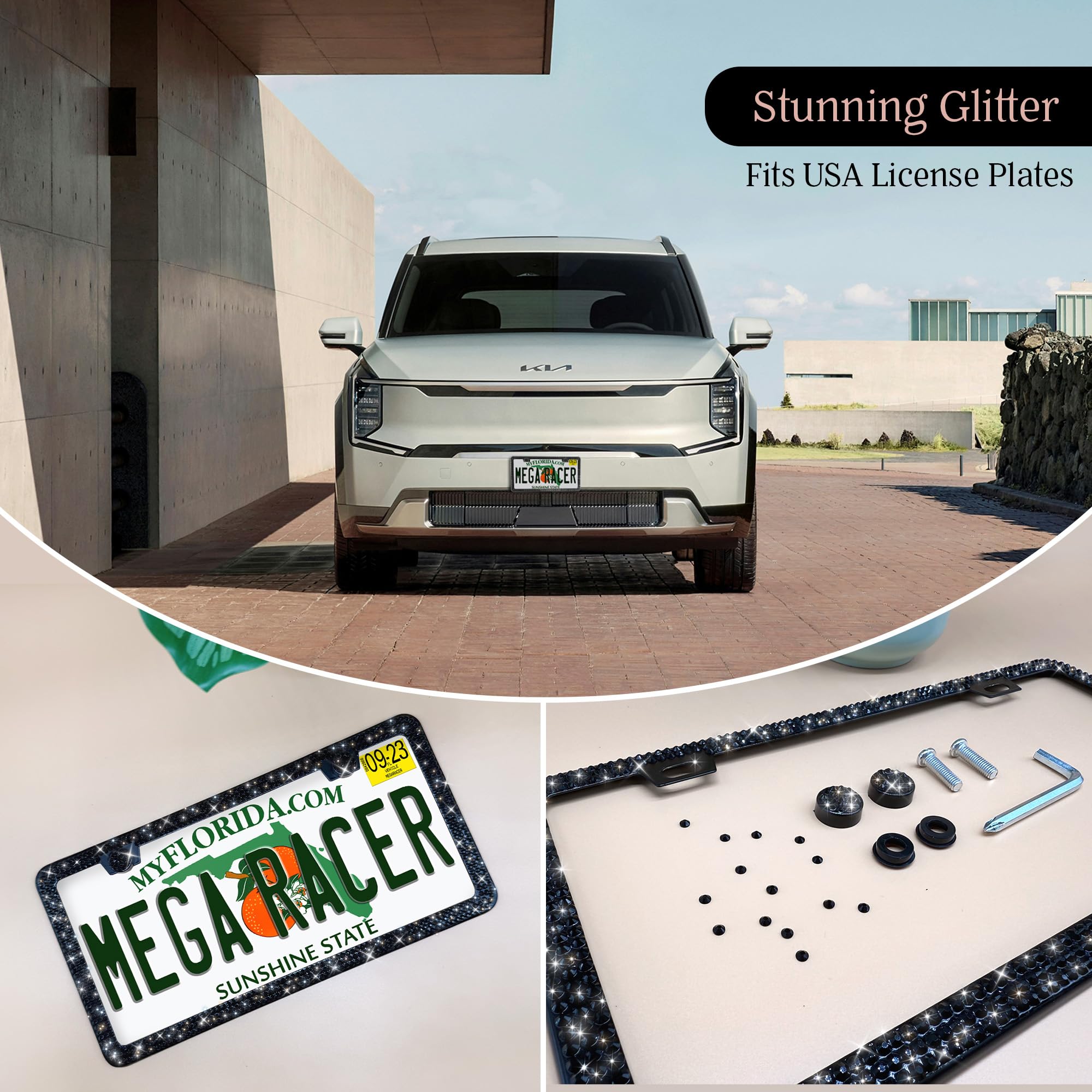 Mega Racer Black Bling License Plate Frame 1 Pack - 650 Pieces Premium Crystal Diamond Rhinestones, 2 Holes Stainless Steel Weat