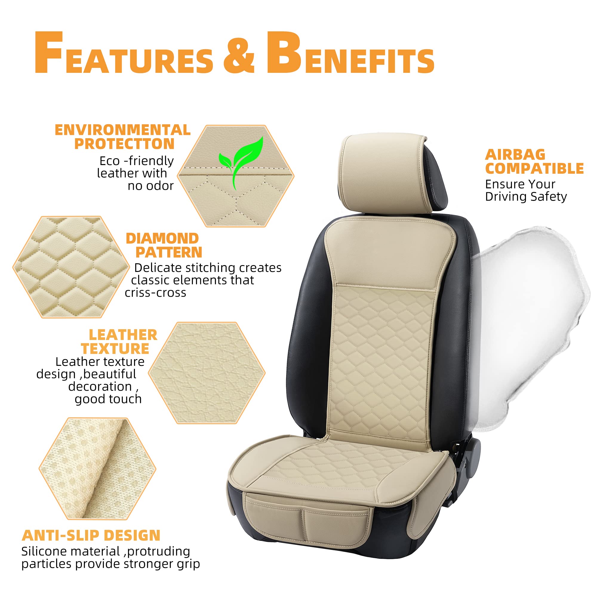 Elantrip Auto Car Seat Covers Leather Car Seat Protector For Women Airbag Compatible Diamond Pattern Pu Seat Cover Universal Fit