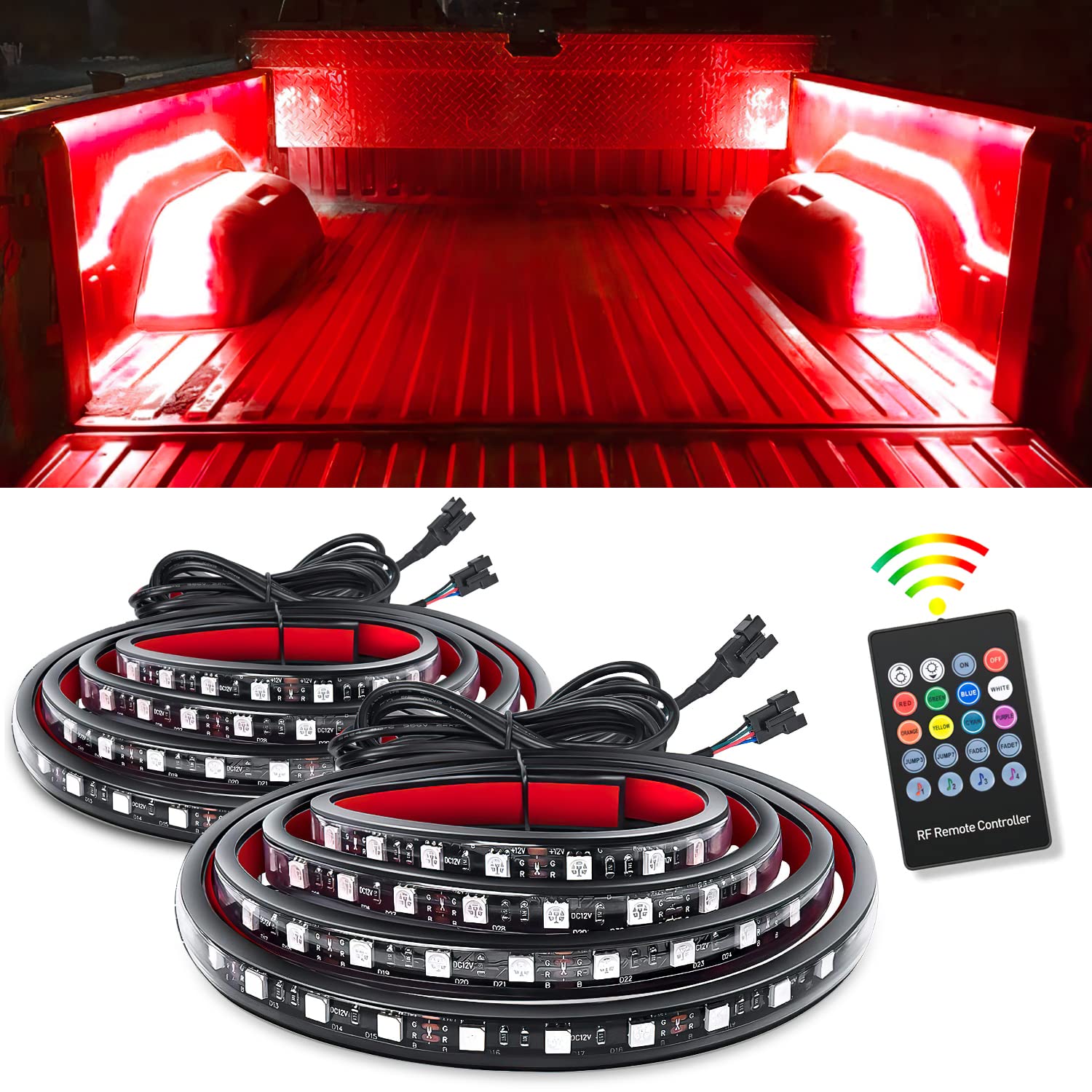 Nilight - Tl-31 2Pcs 60Inch Rgb Truck Bed Light Strip Kit 180 Led Rf Remote Control With On Off Switch Blade Fuse 2Way Splitter