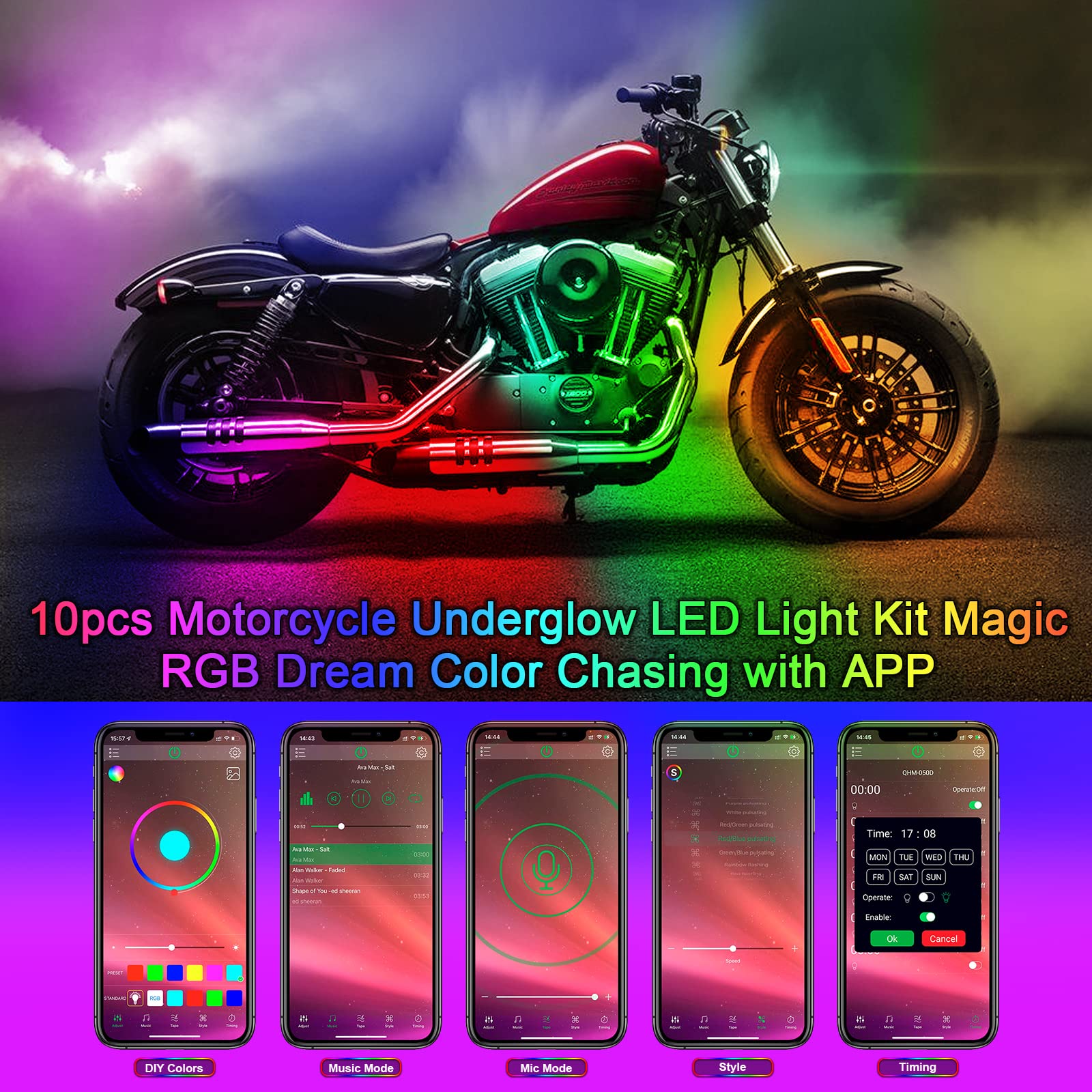 10Pcs Motorcycle LED Underglow Kit, RGB LED Strips Waterproof Motorcycle Lights, Motorcycle Lights Underglow Kit with APP Contro