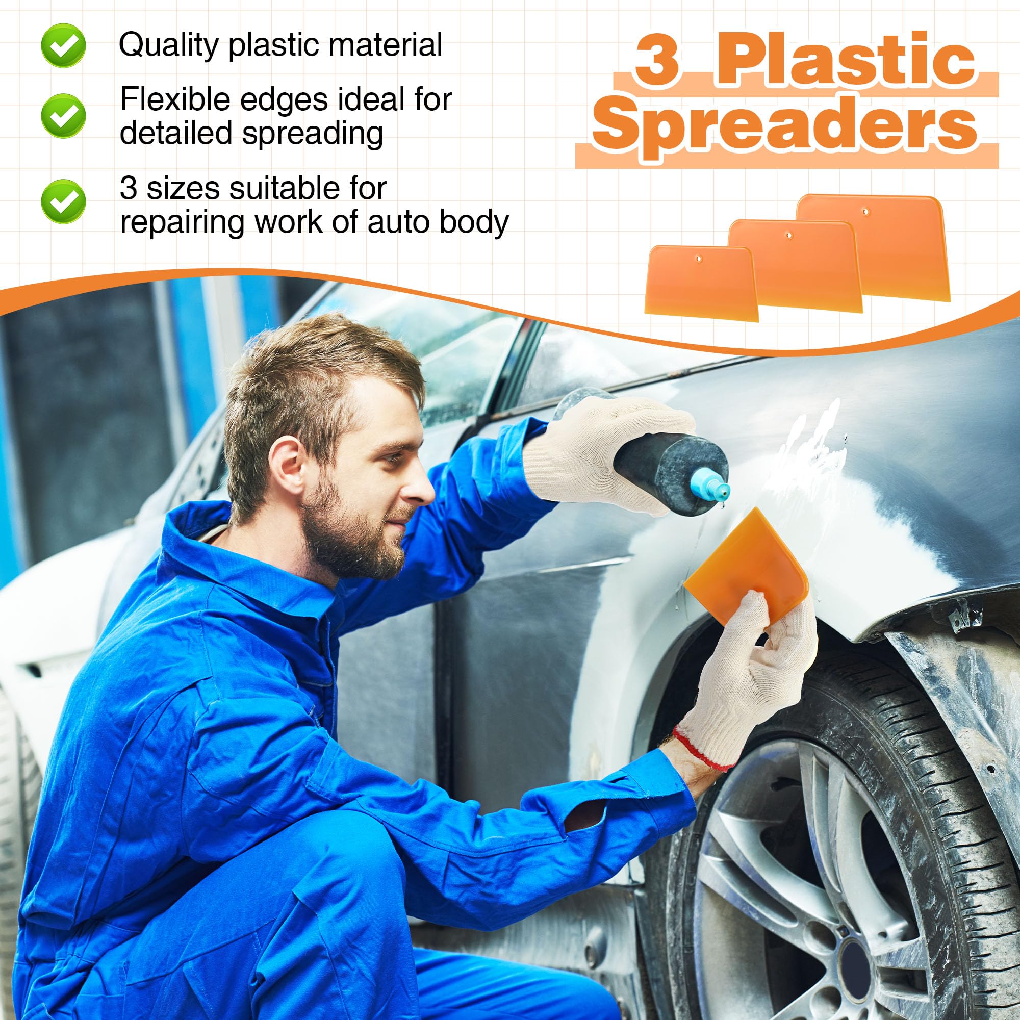 Saillong Body Filler Mixing Board Kit, 1 Body Filler Mixing Pad 12-12 in, 3 Yellow Plastic Scrapers (4-5-6 in), 100 Disposable P