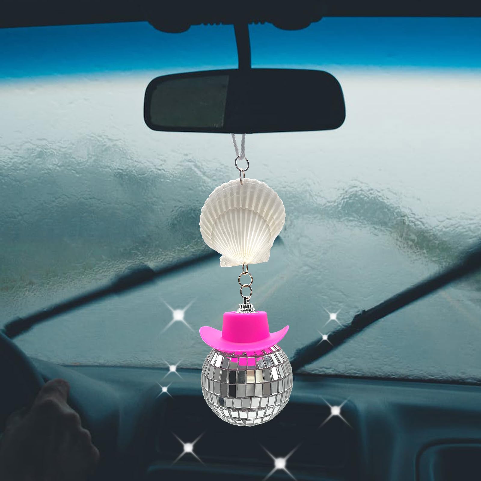 Spansee Pink Coastal Disco Ball For Car, Beach Car Accessories, Shell Car Charm, Disco Ball With Cowboy Hat, Disco Ball Car Accessory, Seashell Car Mirror Hanger, Car Mirror Hanging Accessories