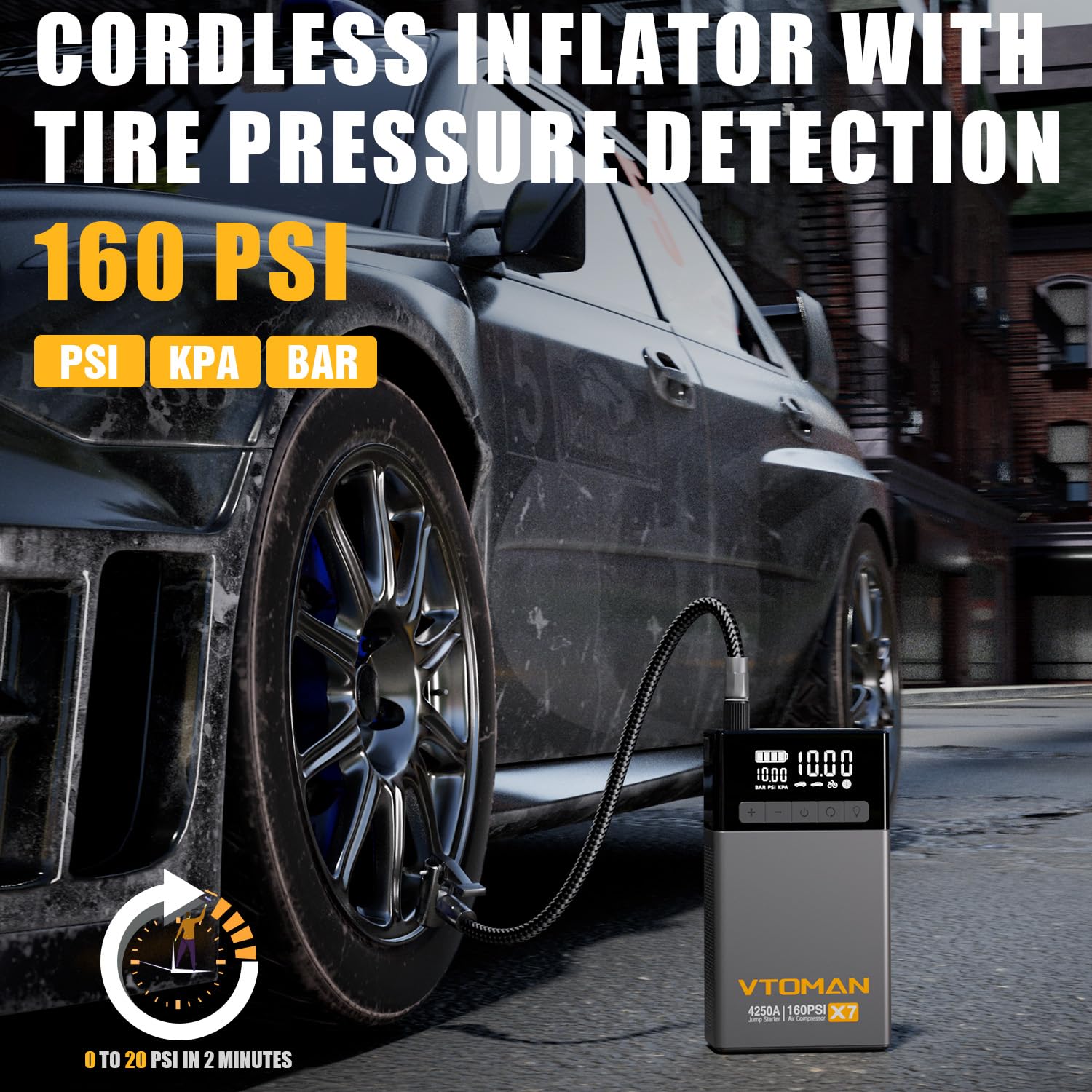 VTOMAN X7 Jump Starter & Air Compressor, 4250A, 160PSI for Trucks & SUVs, Portable 12V Lithium Booster, Gray