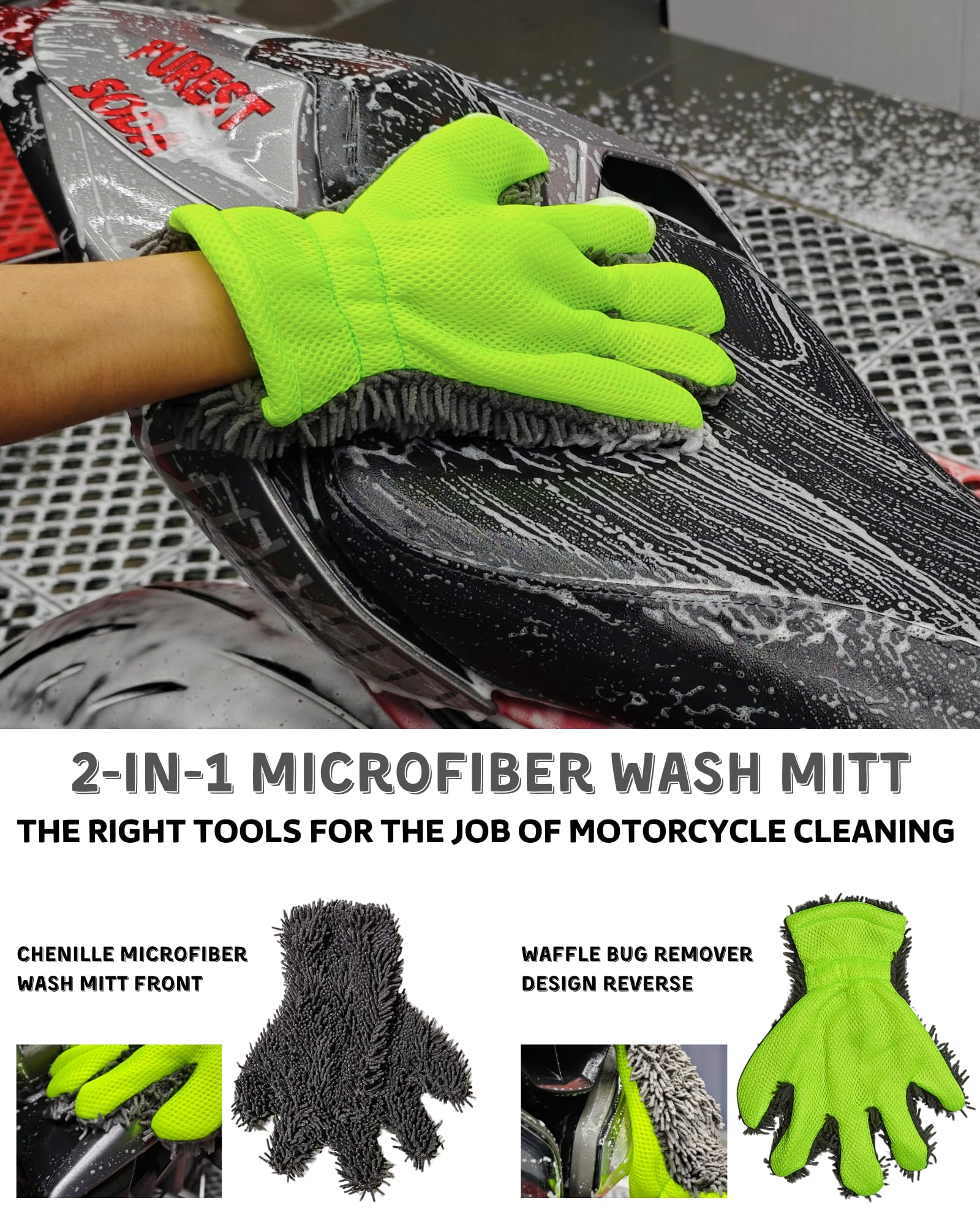 Oesee 8 Pack Motorcycle Cleaning Kit - Professional Safe For Chrome/Engine/Tires, Hard Reach Brush, Microfiber Mitt, Detailing T