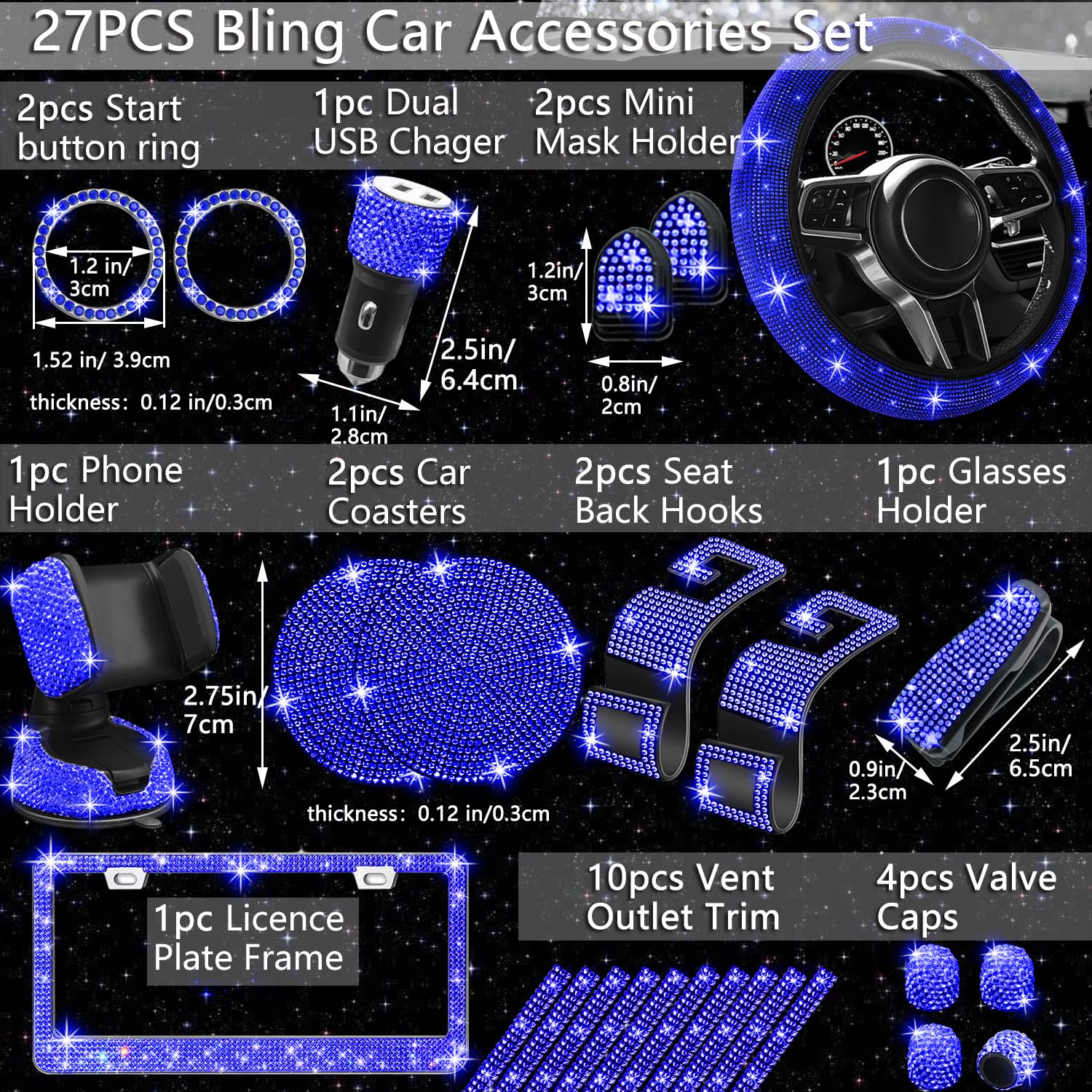 Nbtepem 27 Pcs Blue Bling Car Accessories Set For Women, Bling Steering Wheel Covers Universal Fit 15 Inch, Bling License Plate
