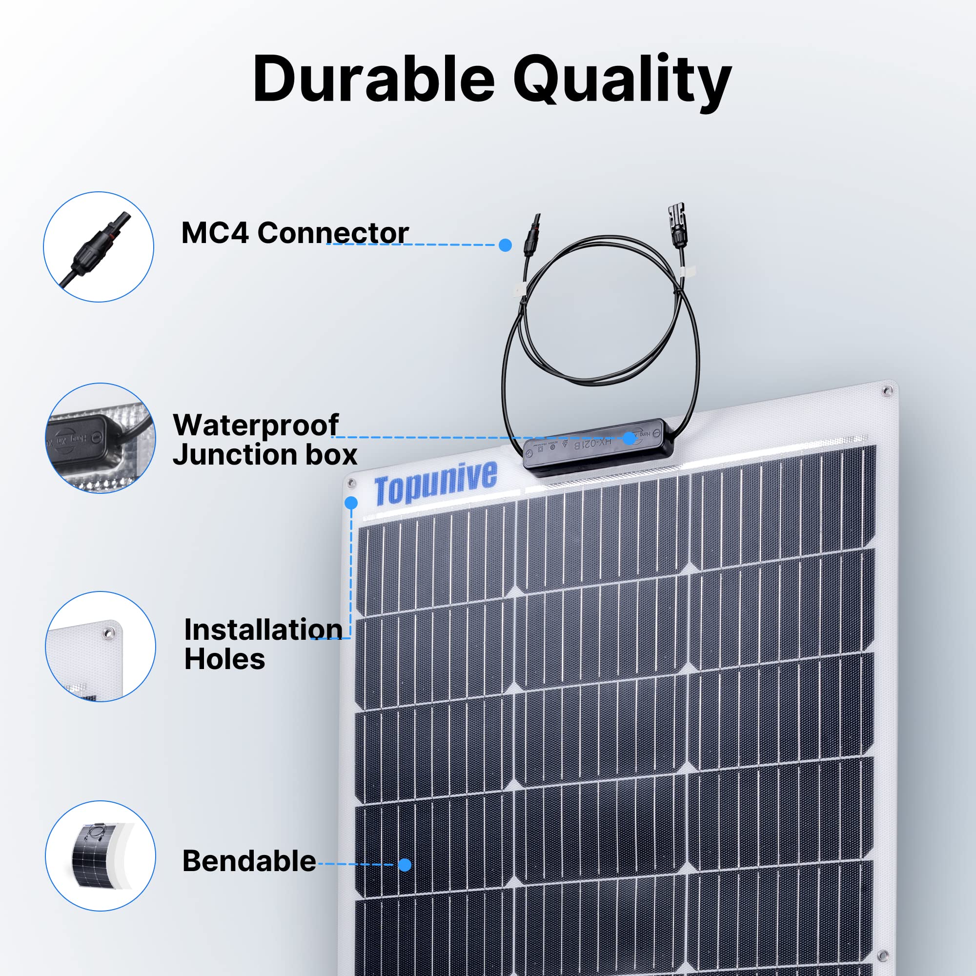 Topunive 2Pcs 100W 12V Flexible Solar Panel 9Bb Monocrystalline Cell 12 Volt Semi-Flexible For Marine Rv Trailer Boat Cabin Van Car Uneven Surfaces 12V 24V Battery Charge