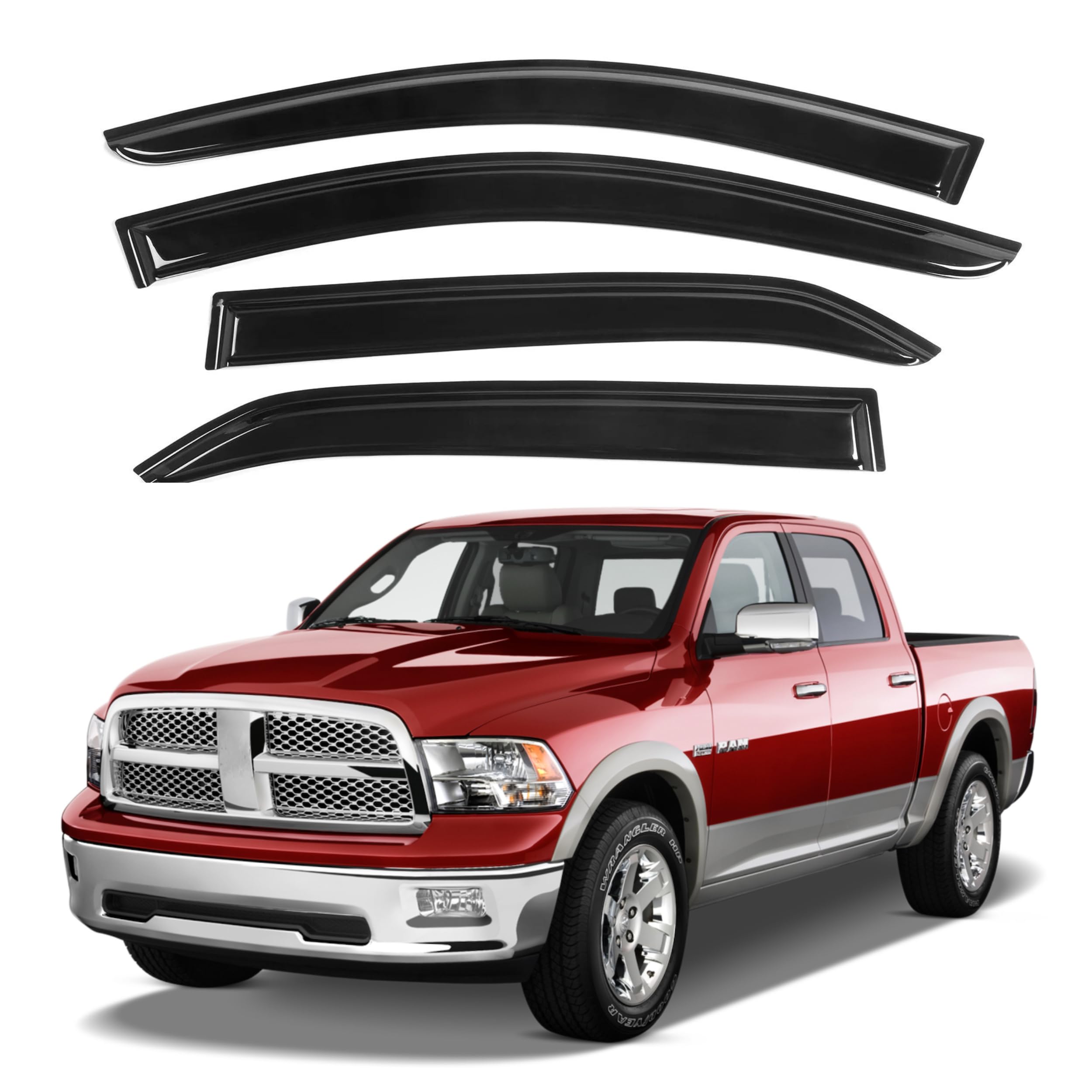 Ig Window Visor For 2002-2008 Dodge Ram 1500 Quad Cab & 2003-2009 Ram 2500Hd 3500Hd Quad Cab, Rain Guard Tape-On Side Vent Defle