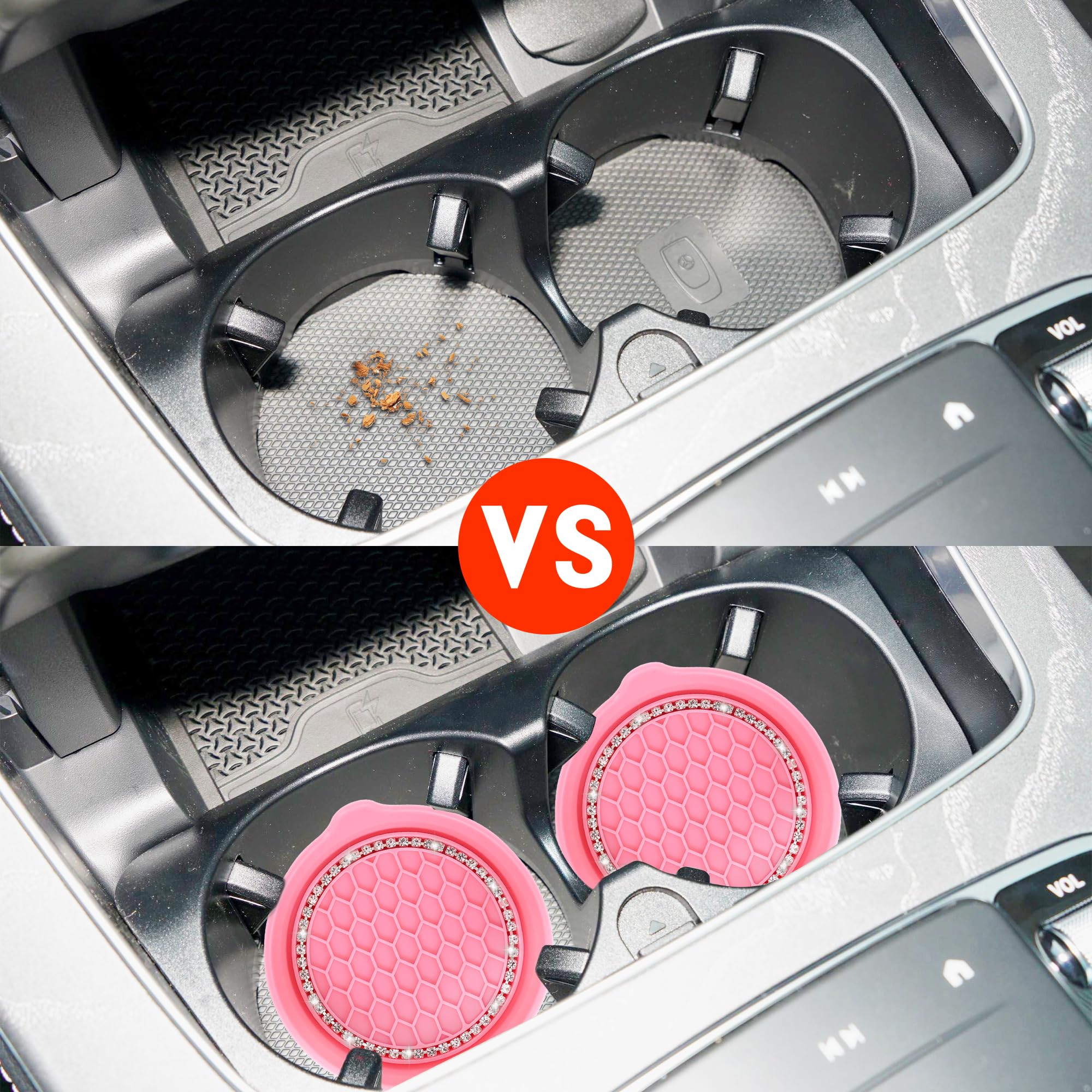 Amooca Car Cup Coaster Universal Non-Slip Cup Holders Bling Crystal Rhinestone Car Interior Accessories 2 Pack Peach Pink