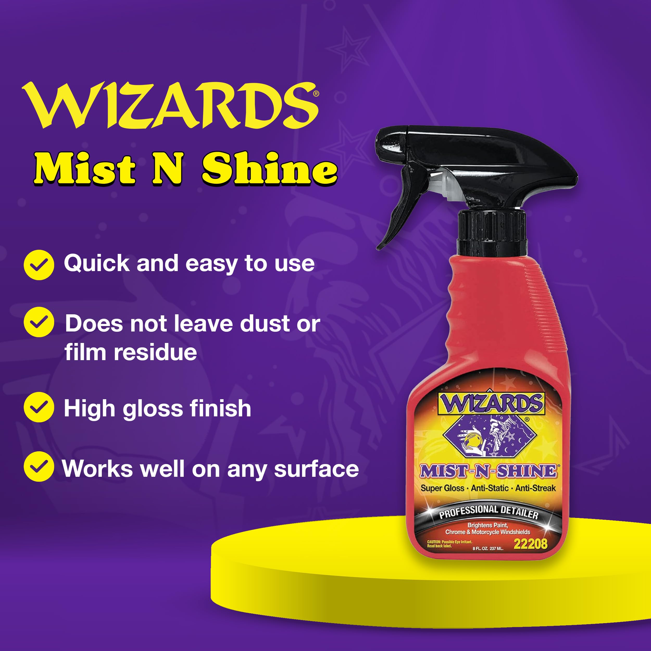 Wizards Mist-N-Shine Professional Detailer - Multi-Use Glass Cleaner For Vehicles - Adds Gloss To Paint, Chrome And Glass - 8 Oz Detail Spray - Made In Usa