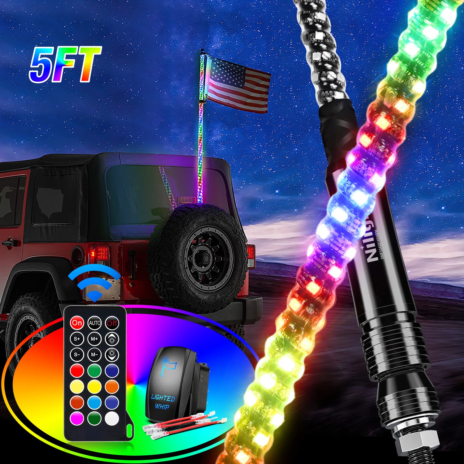 Nilight 2Pcs 5Ft Spiral Rgb Led Whip Light W/Rgb Chasing Modes Rf Remote Control Lighted Antenna For Can-Am Atv Utv Rzr Polaris
