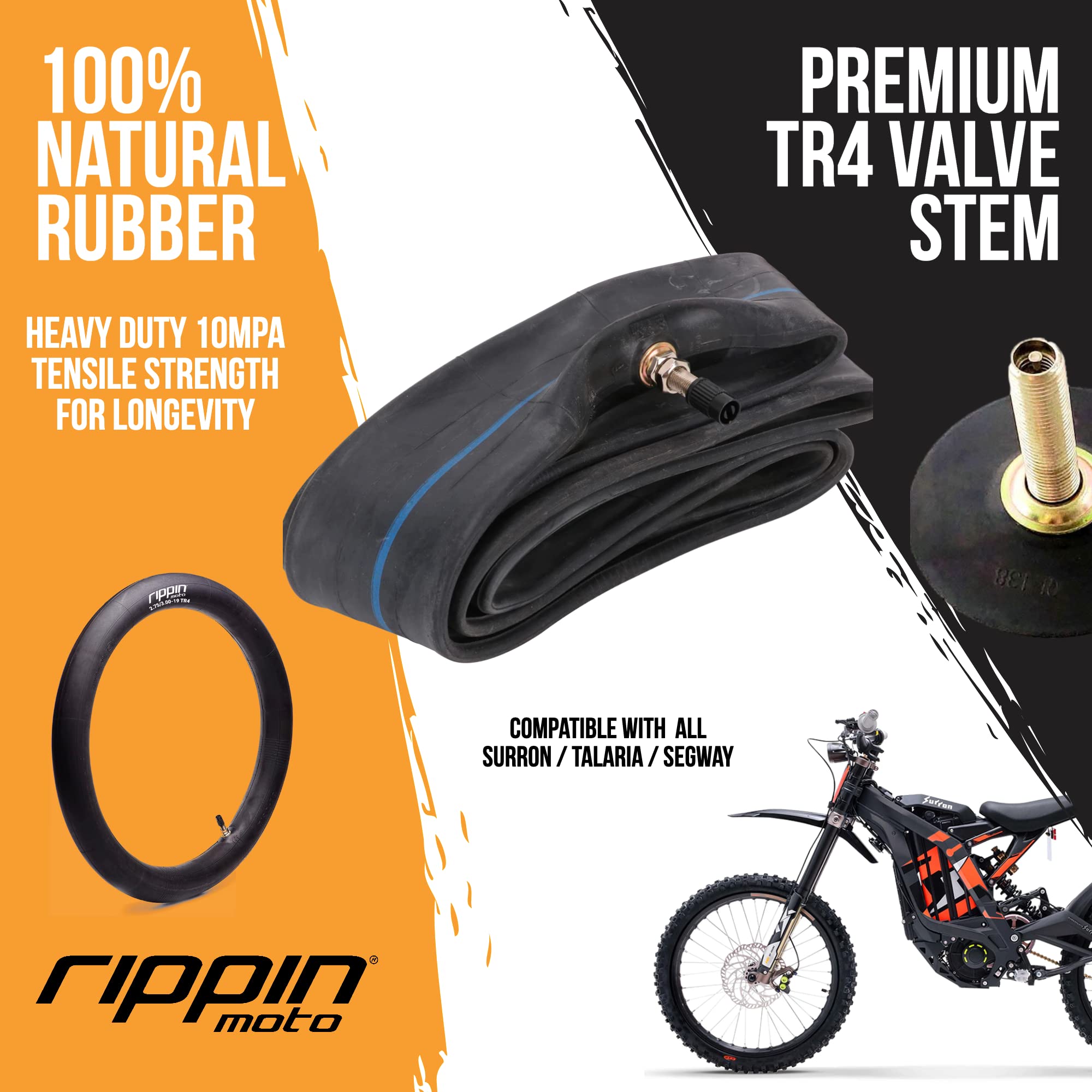 Rippin Moto 2.75/3.00-19 Heavy Duty Inner Tube (70/100-19) 2.5mm Thick - TR4 Valve - Fits Most 3.0-19 Motocross Tires, Surron Li