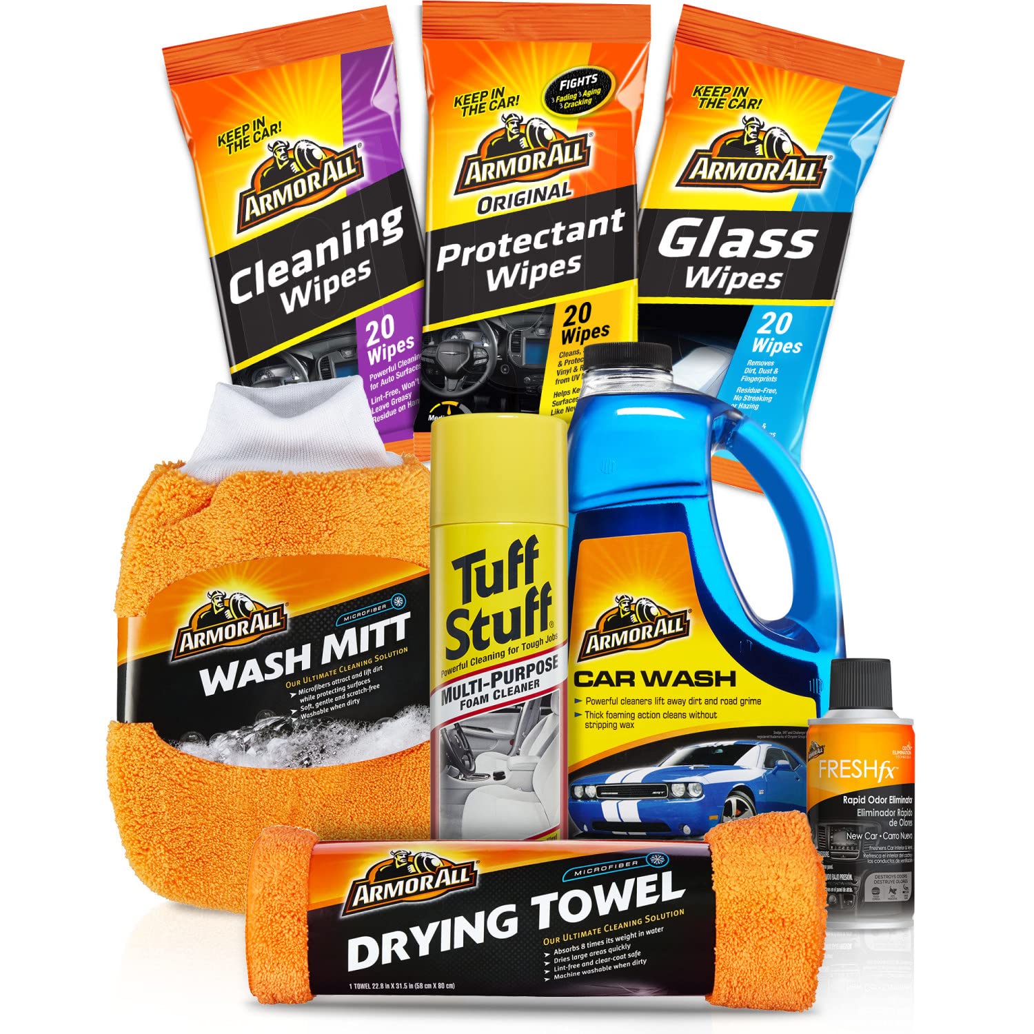 Armor All Car Wash and Cleaner Kit, Includes Cleaning Wipes for Car Interior, Cleaner Concentrate, Car Air Freshener, Microfiber