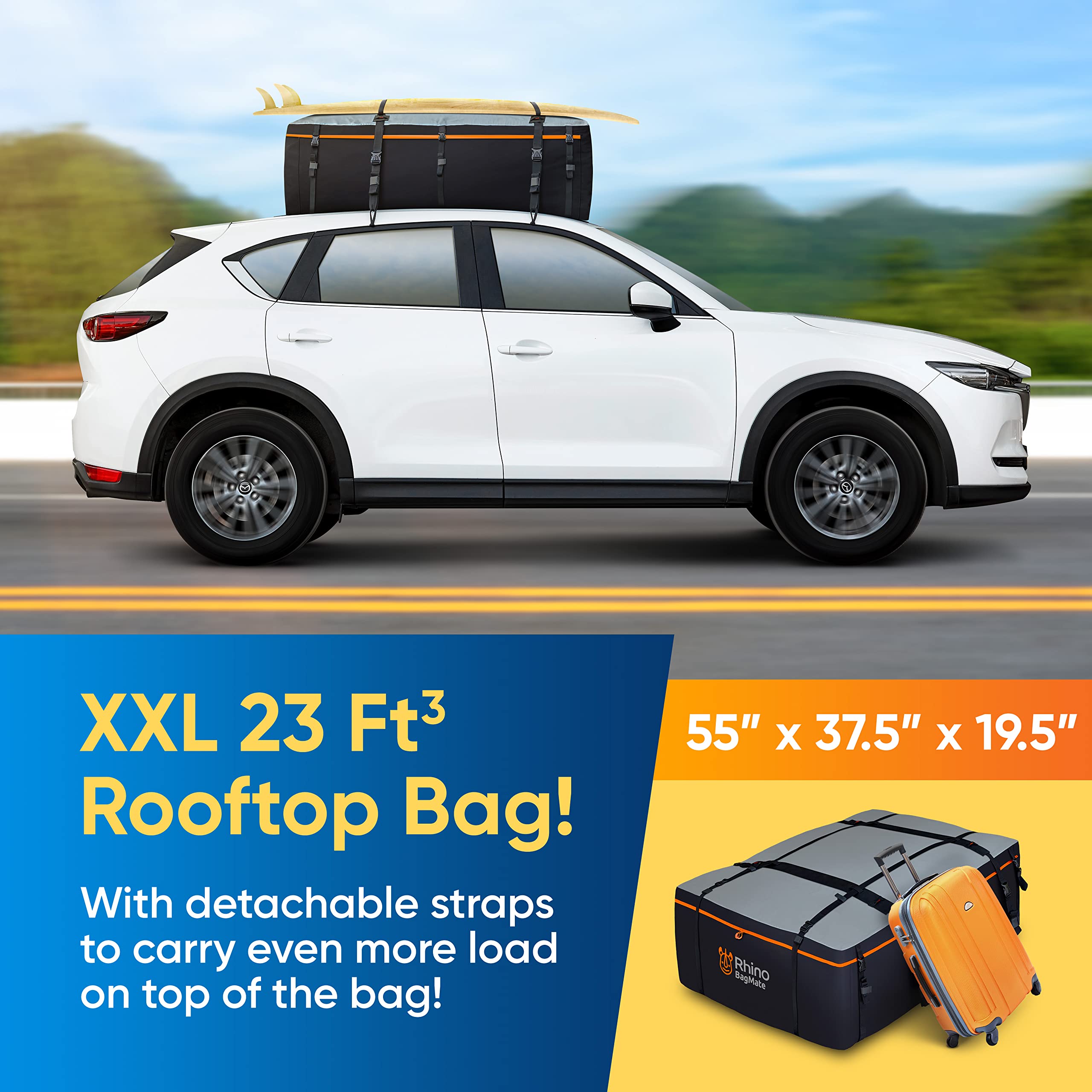 Bagmate Military-Grade Waterproof Roof Bag - Rooftop Cargo Carrier - Xxl 23 Cubic Feet. With 4 Door Hooks, Zipper/Buckle Closure, Extra Strap - Black Roof Bag For Cars With Or Without Rack