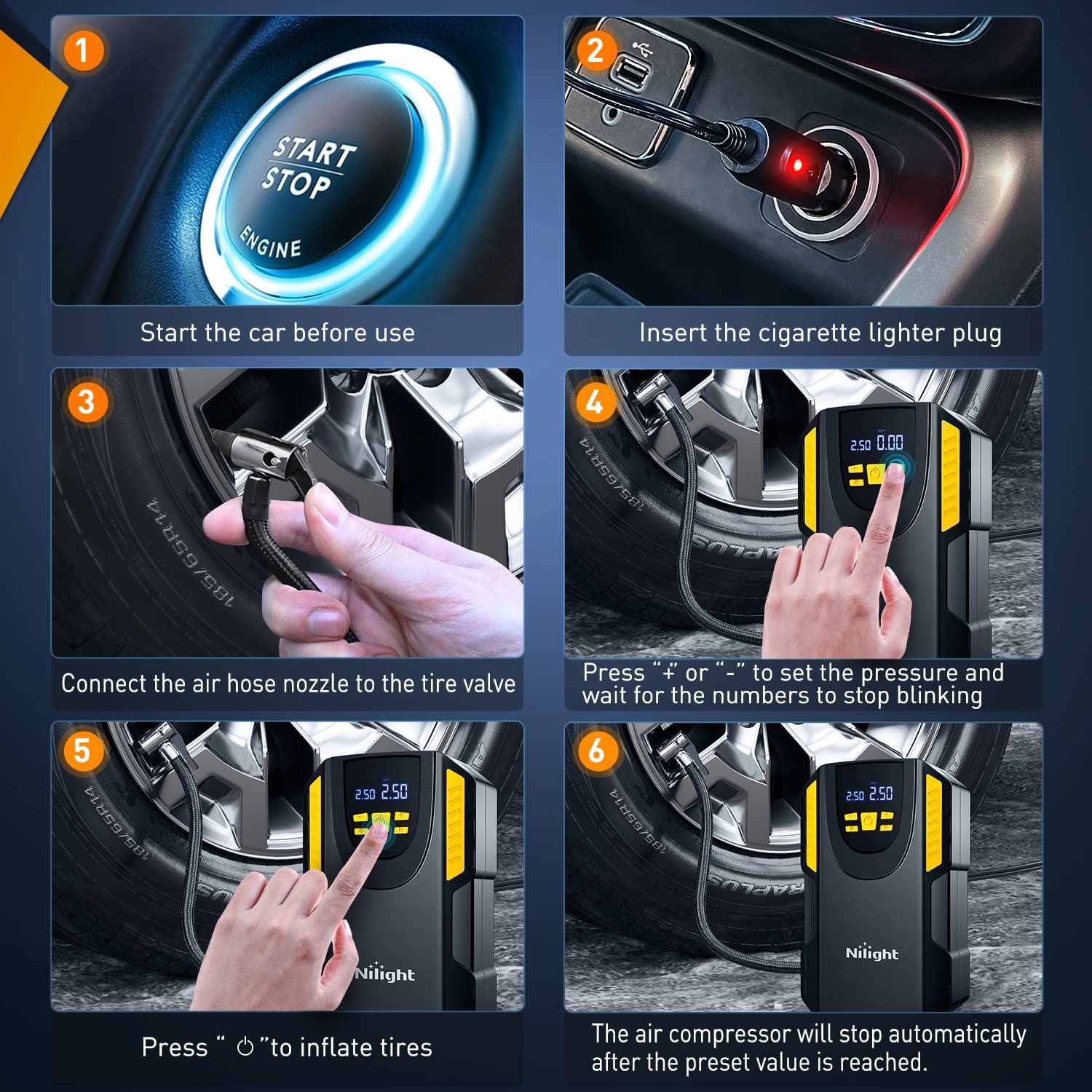 Nilight Tire Inflator Portable Air Compressor 12Vdc Car Air Pump 150Psi Digital Tire Pressure Gauge Auto Shutoff Tire Pump For Car Suv Motorcycle Bicycle Atv, 2 Year Warranty