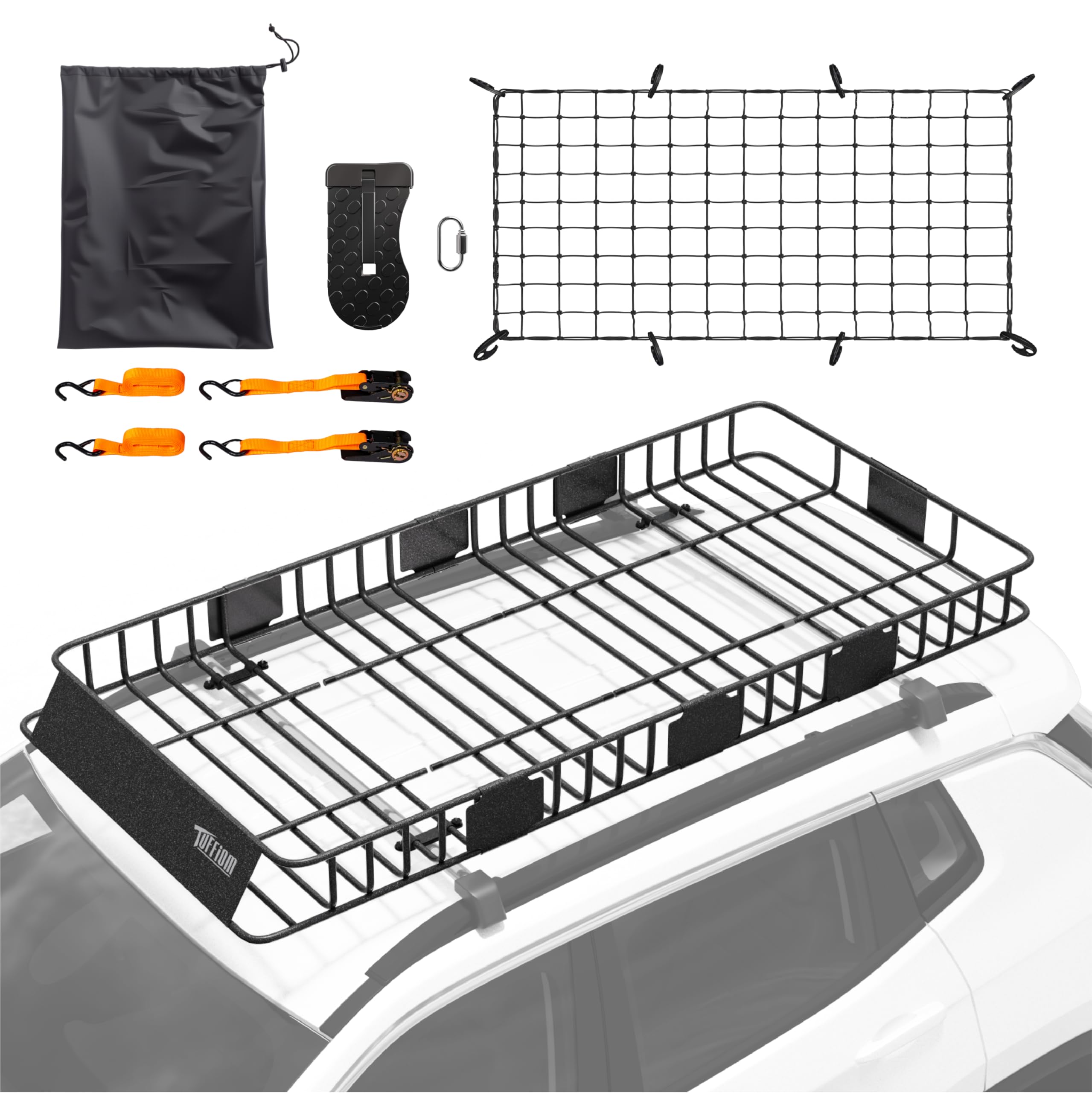 Tuffiom 84''X 39''X 6'' Universal Rooftop Cargo Carrier Basket, Extendable Steel Roof Rack Basket W/Net+Storage Bag+Pedal+Straps
