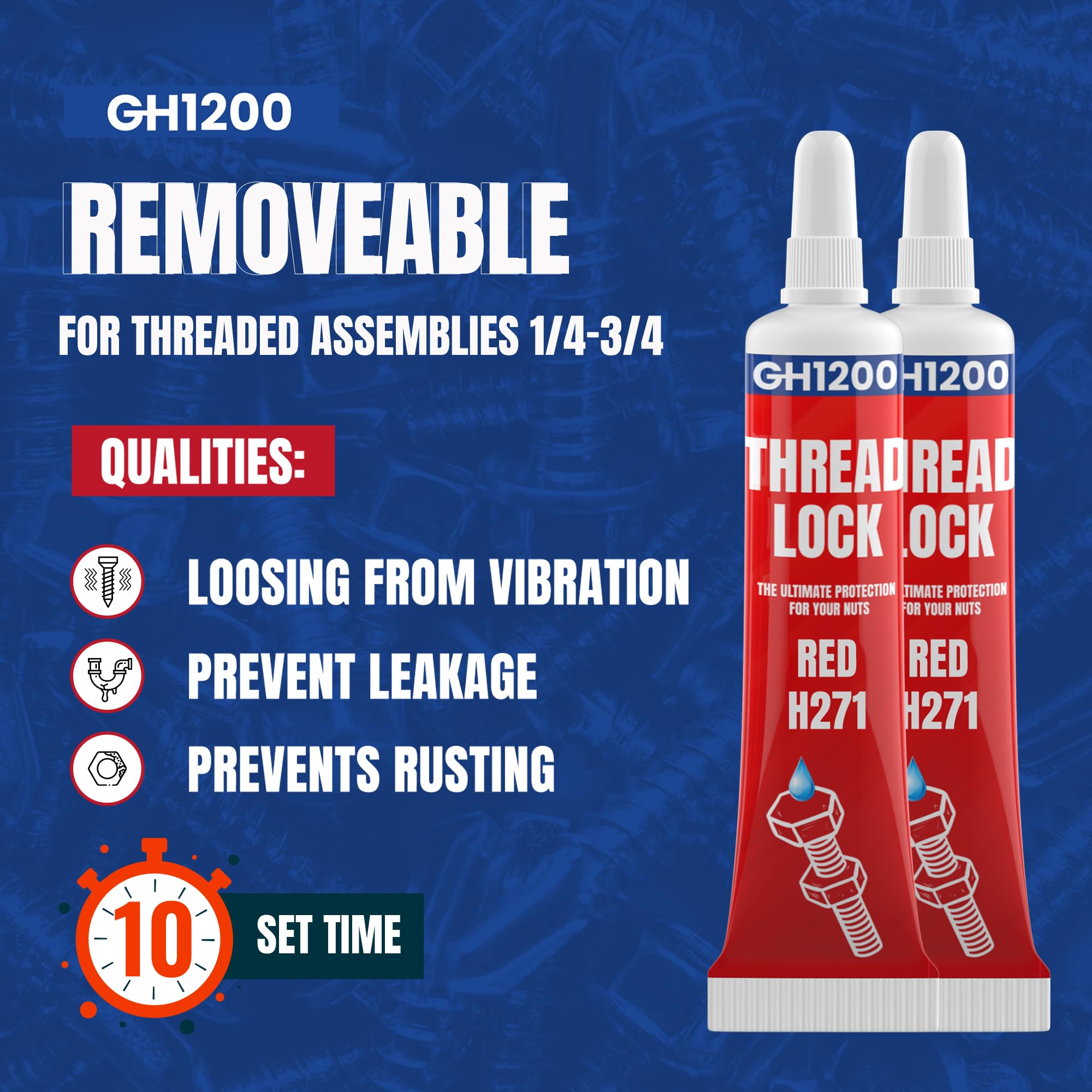 Gh1200-6 Gram X 2 Pack Red Thread Lock Strong Strength For Nuts, Bolts, And Metals - Threadlocker Lock Tight & Seal Fasteners Wi