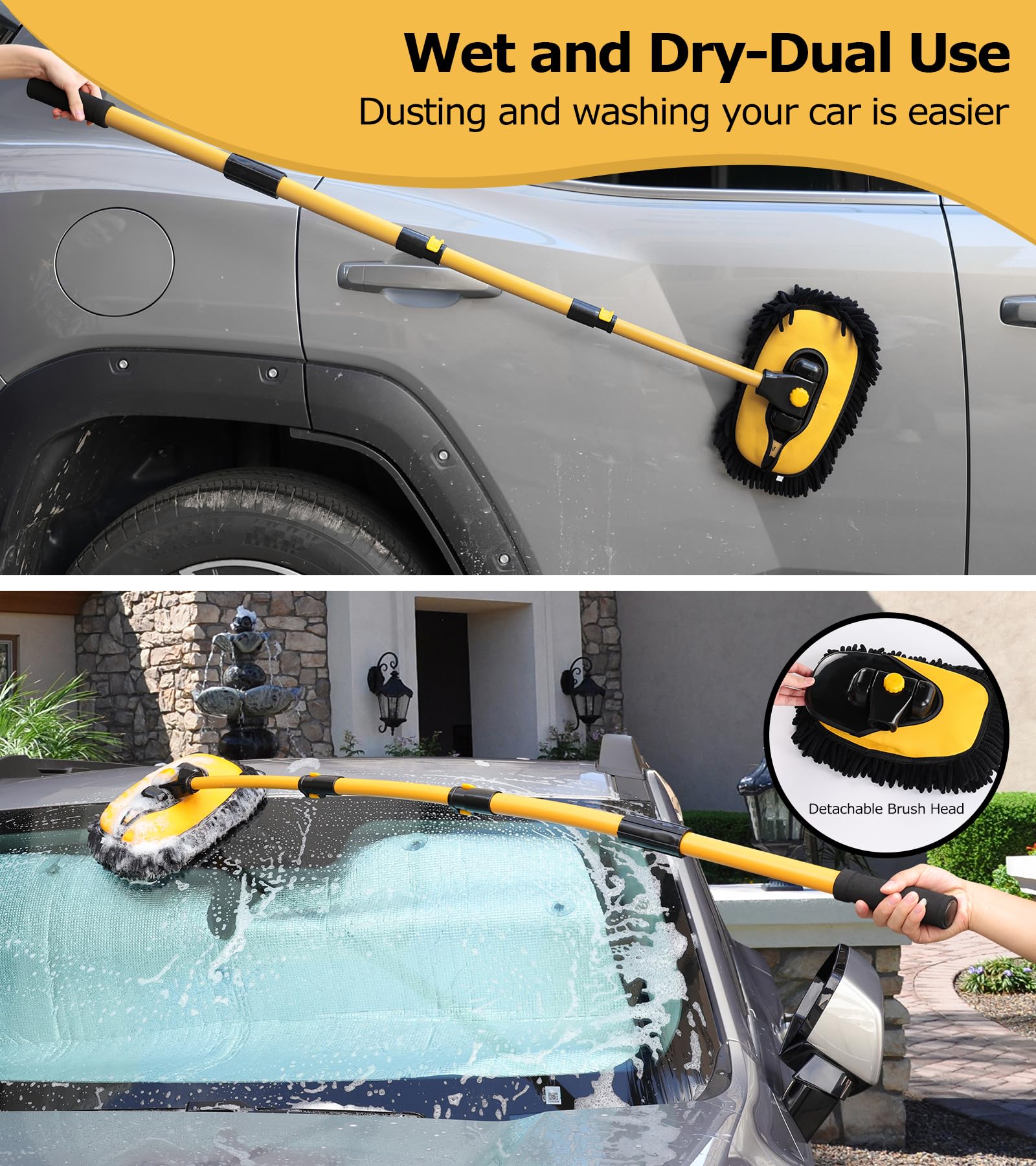 anngrowy 56.7'' Car Wash Brush Mop Kit Mitt Sponge with Long Handle Car Cleaning Supplies Kit Tools Car Washing Duster Exterior