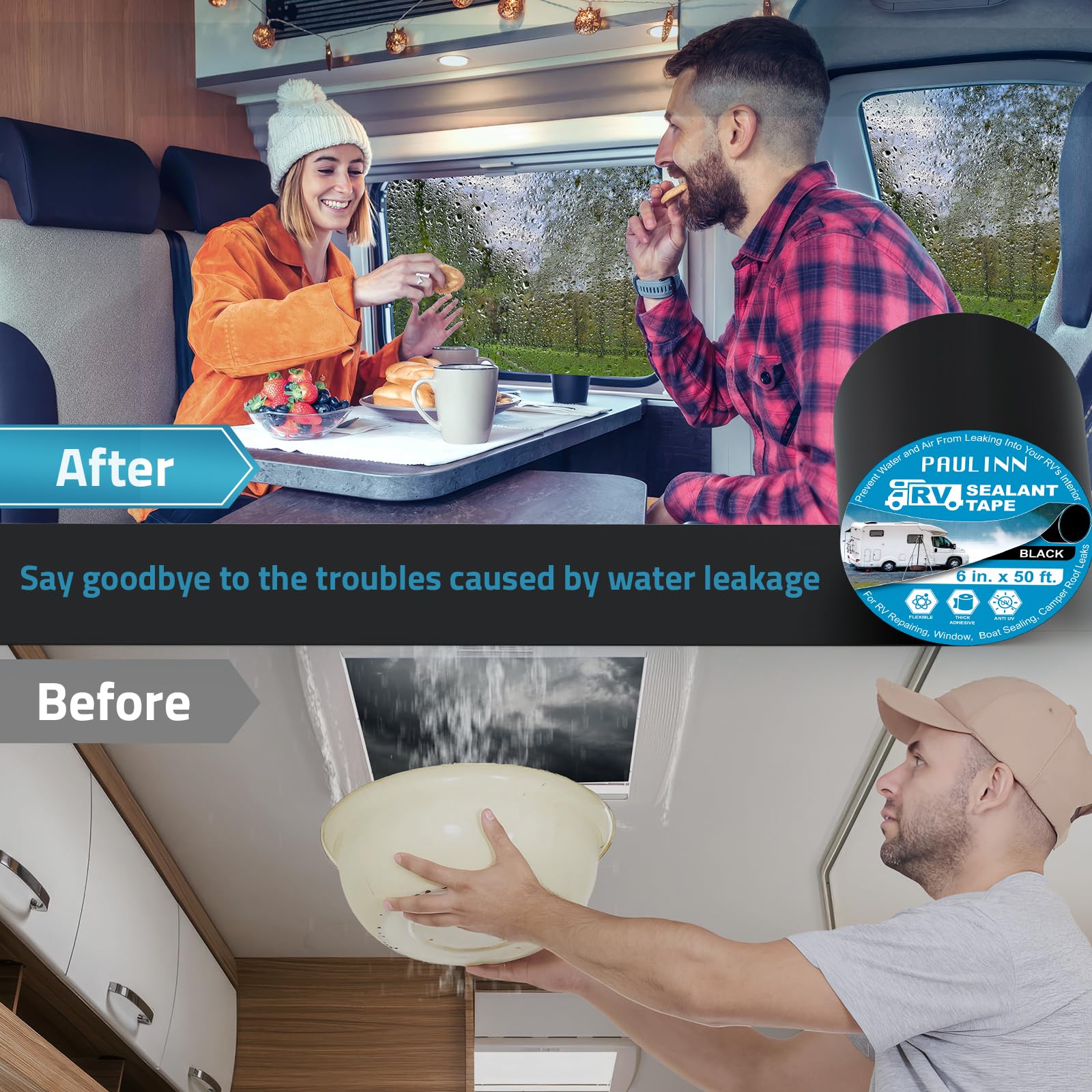 Paulinn Butyl Sealant Waterproof Tape, 6 Inch X 50 Foot Camper Roofing Tape Black, Uv & Weatherproof Roof Seal Tape For Rv Campe