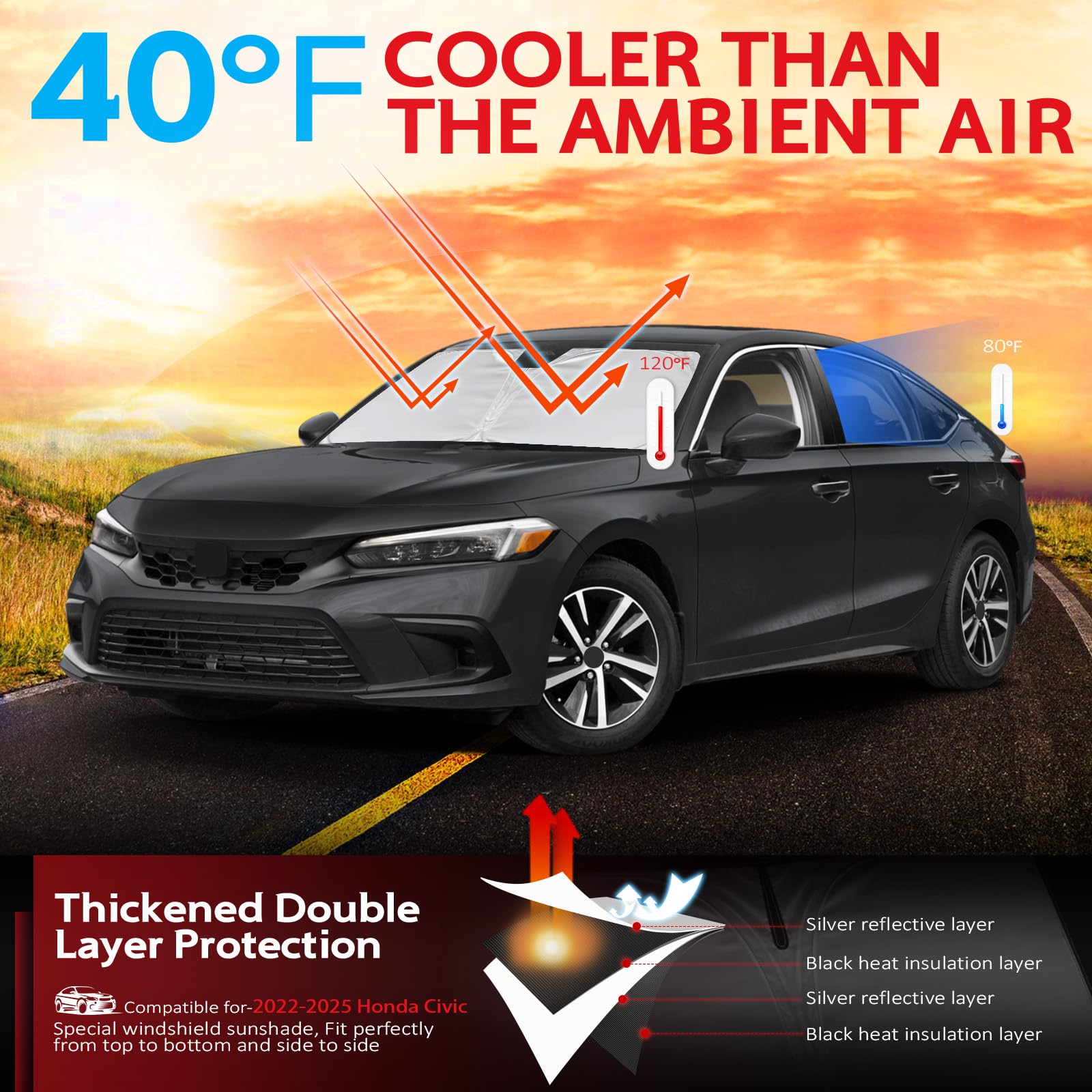 Kayzt Windshield Sun Shade For Honda Civic 2022-2025 11Th Gen Foldable Sunshade Front Window Custom Fit Accessories