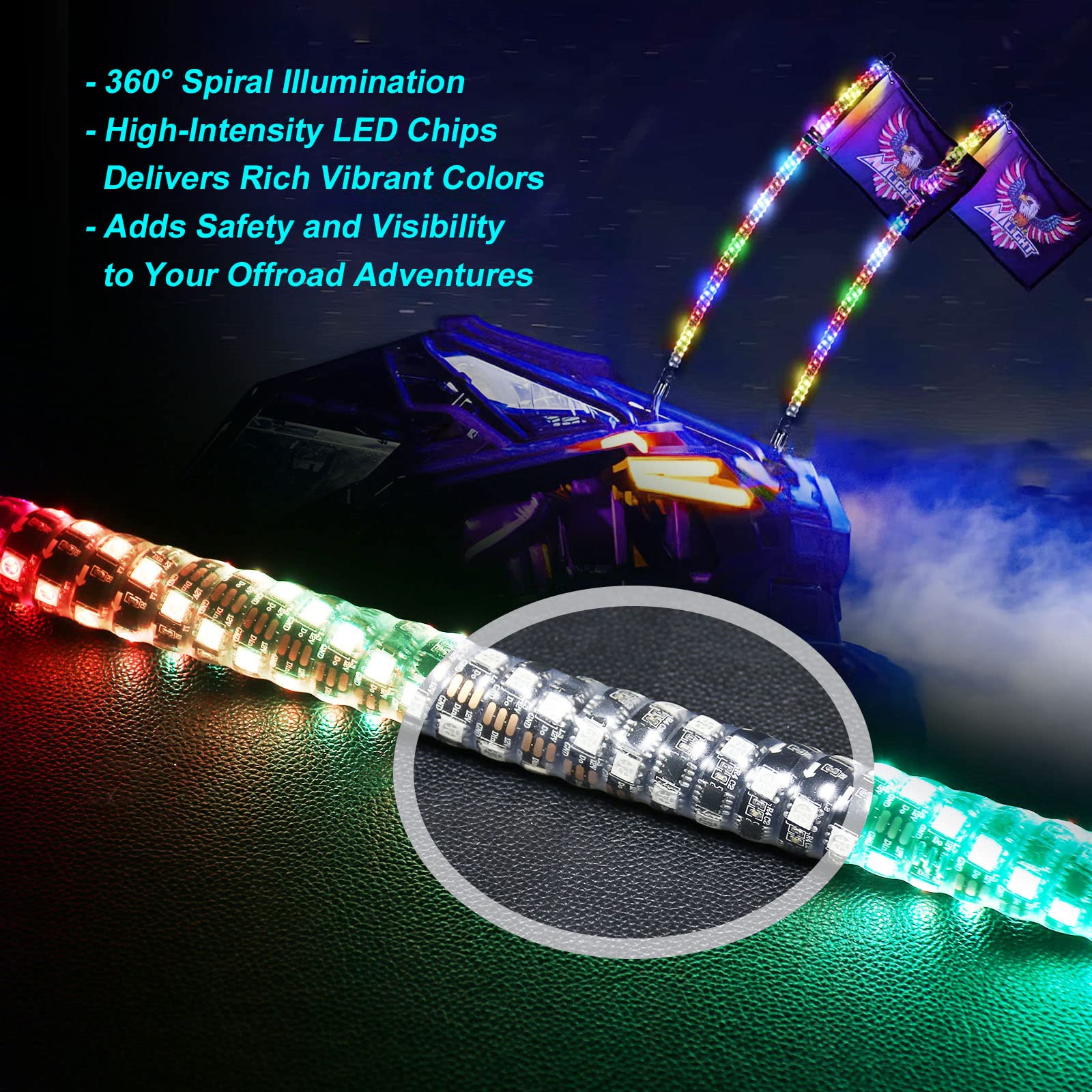 2Pcs 3Ft Led Whip Lights,Rf Wireless Remote,500 Kinds Patterns 600 Kinds Of Color Combinations,Rgr Chasing Lighted Antenna Whips,For Utv, Atv, Off Road, Truck, Sand, Buggy Dune, Rzr.