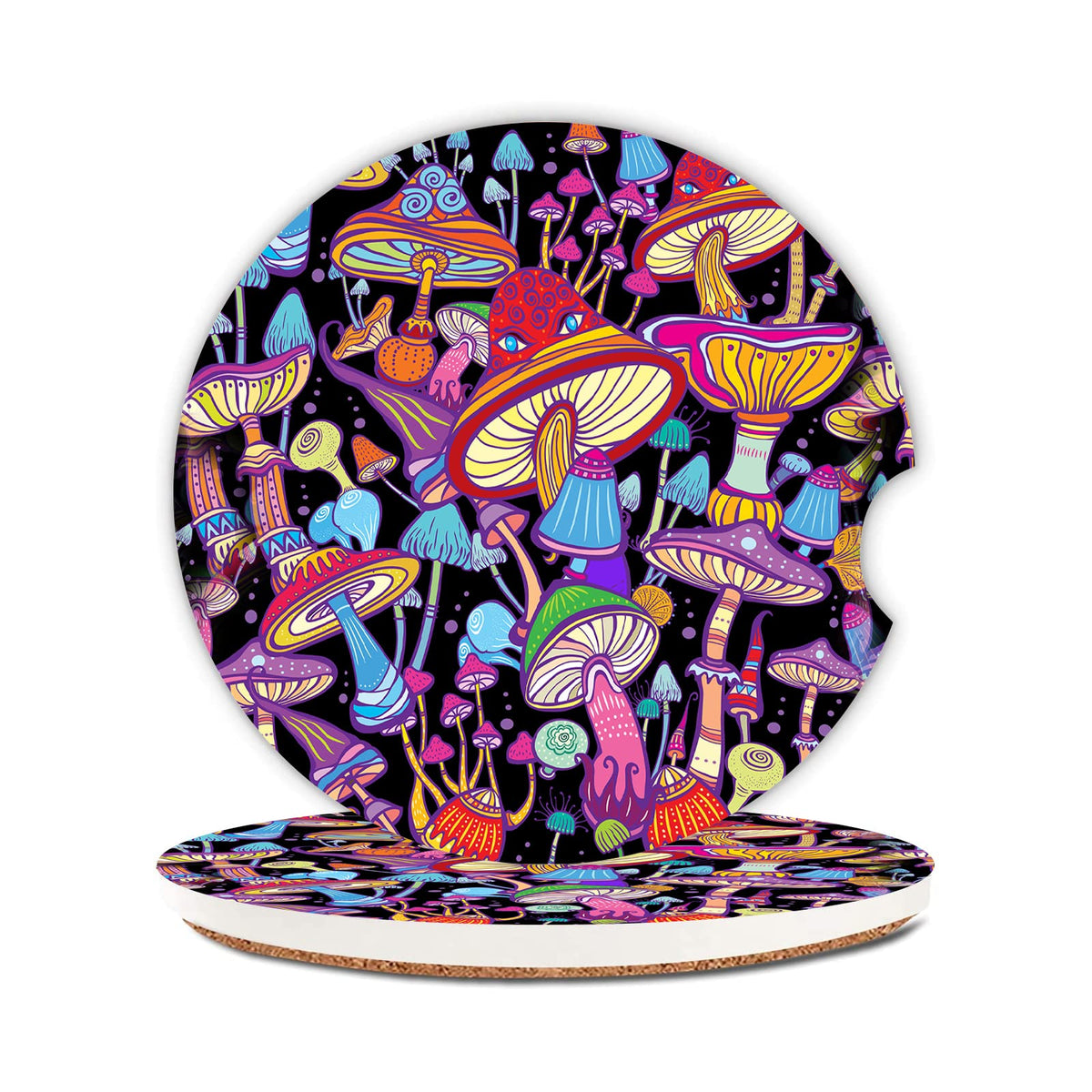Magic Purple Mushroom Trippy Car Coasters 2 Pack Car Cup Holder,Absorbent Ceramic Coaster with Cork Back and Finger Slot,Cup hol