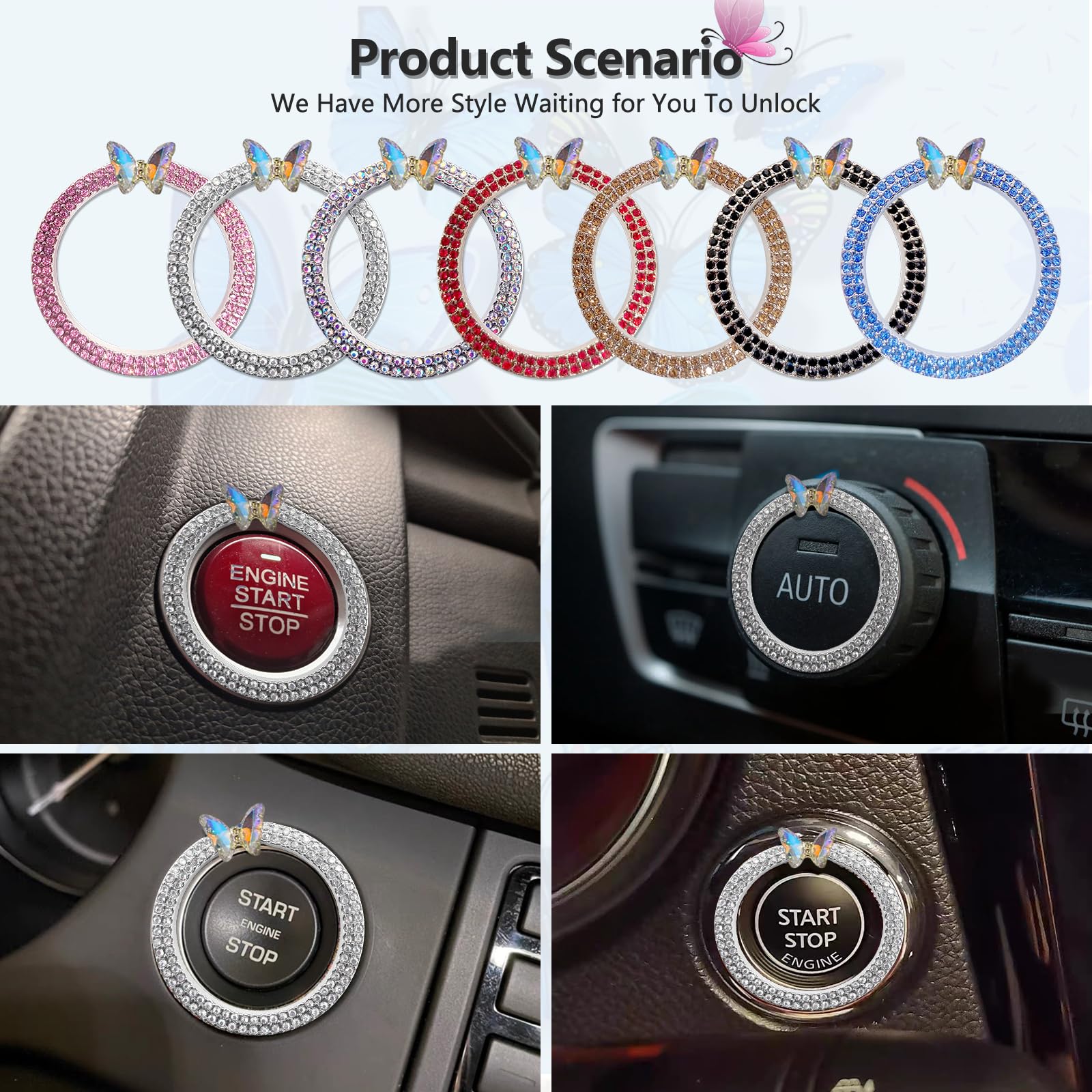 3Leavtrees Bling Ring Emblem Car Accessories - Rhinestone Crystal Ring For Car Buttons & Knobs, Push To Start Button Cover, Key Ignition Starter & Knob Ring For Women (White Butterfly)