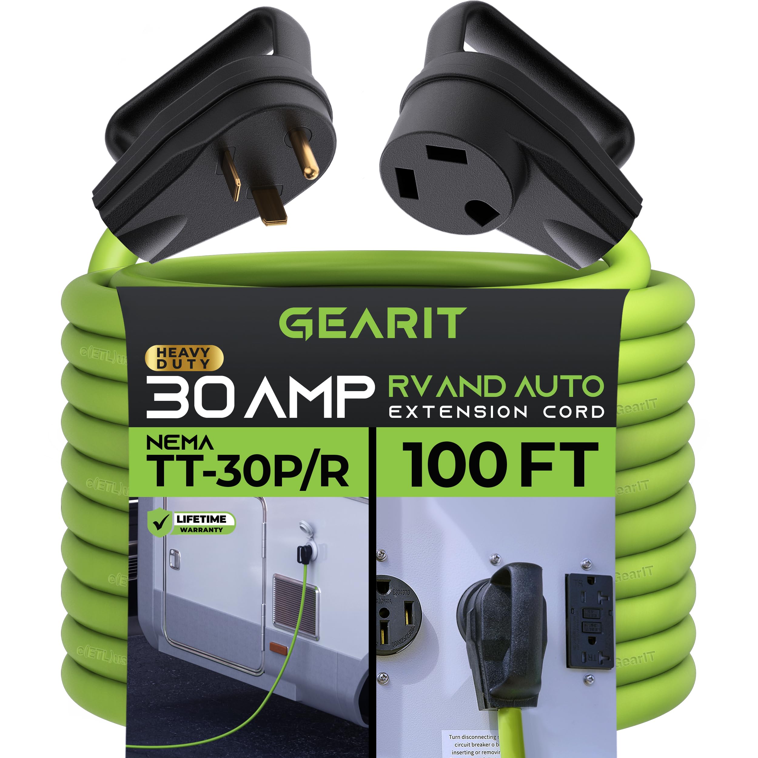 Gearit 30-Amp Extension Cord For Rv And Auto, (100-Feet) 3-Prong 125-Volt 10/3 Stw 10Awg Gauge 3 Wire, Nema Tt-30P To Tt-30R, Ou