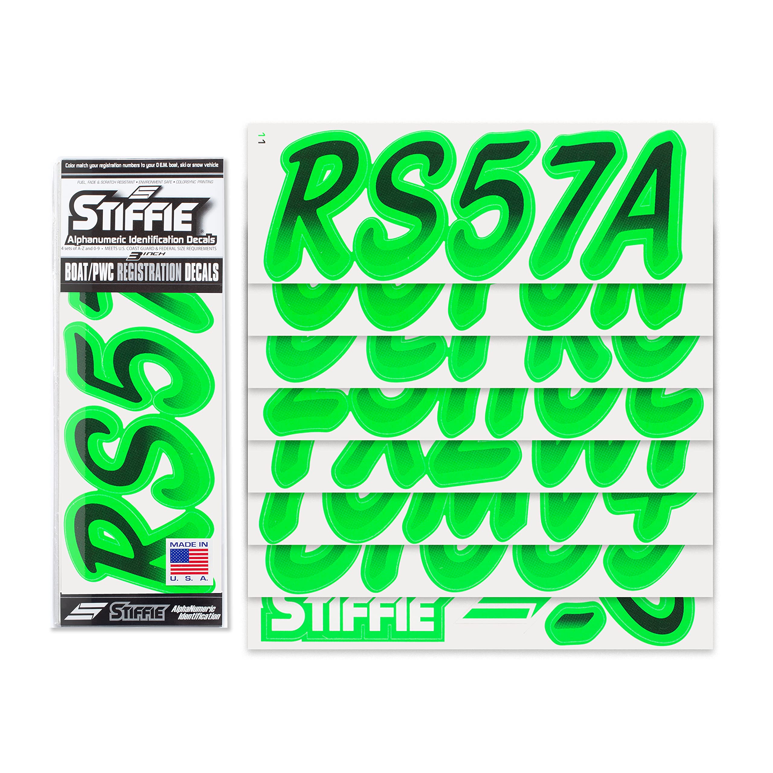 Stiffie Whipline Black/Electric Green 3 '' Boat & Pwc Registration Decals  Numbers Letters Stickers