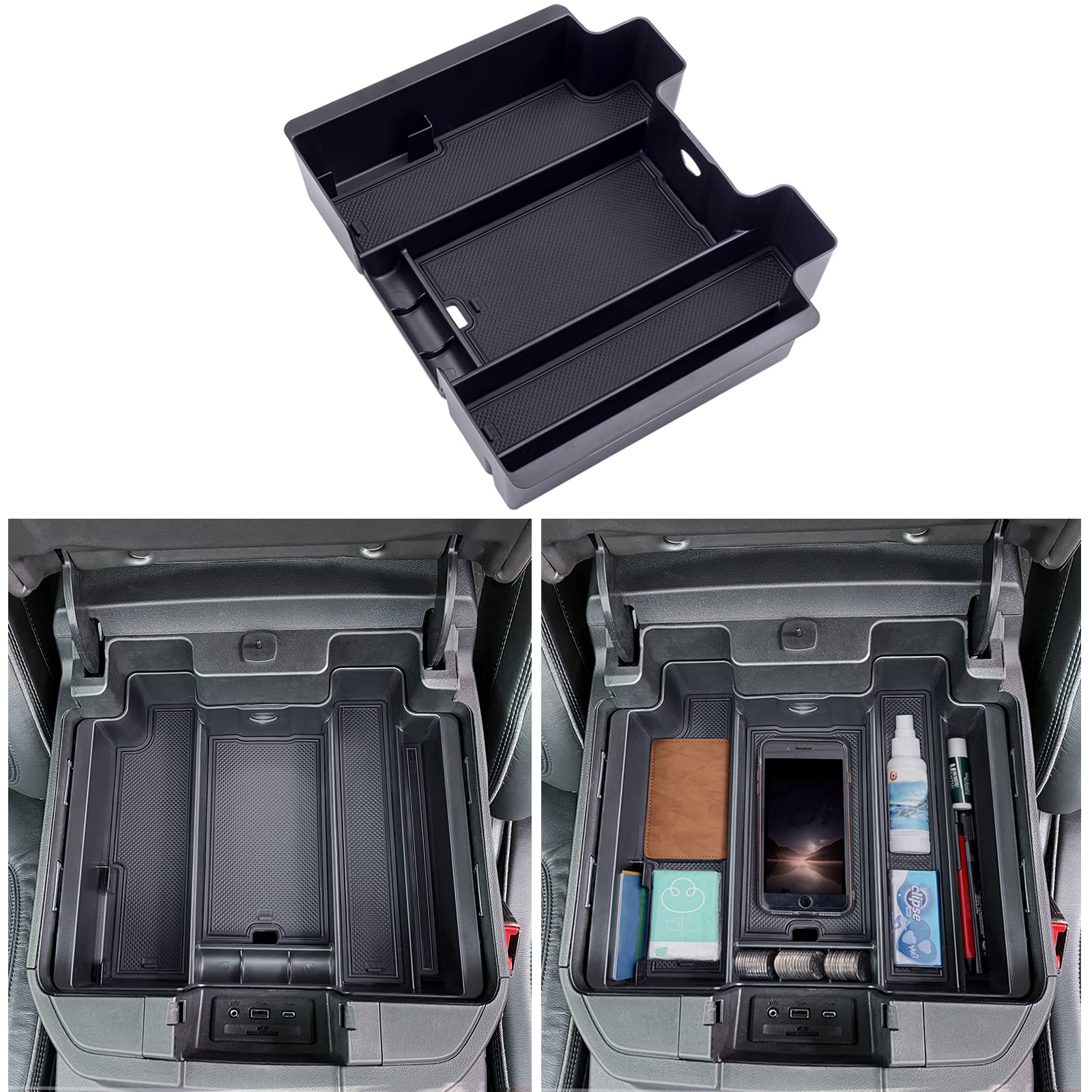 TOPINSTALL Full-Size Center Console Tray for 2019-2022 Chevy Silverado/GMC Sierra, Black Plastic Armrest Organizer