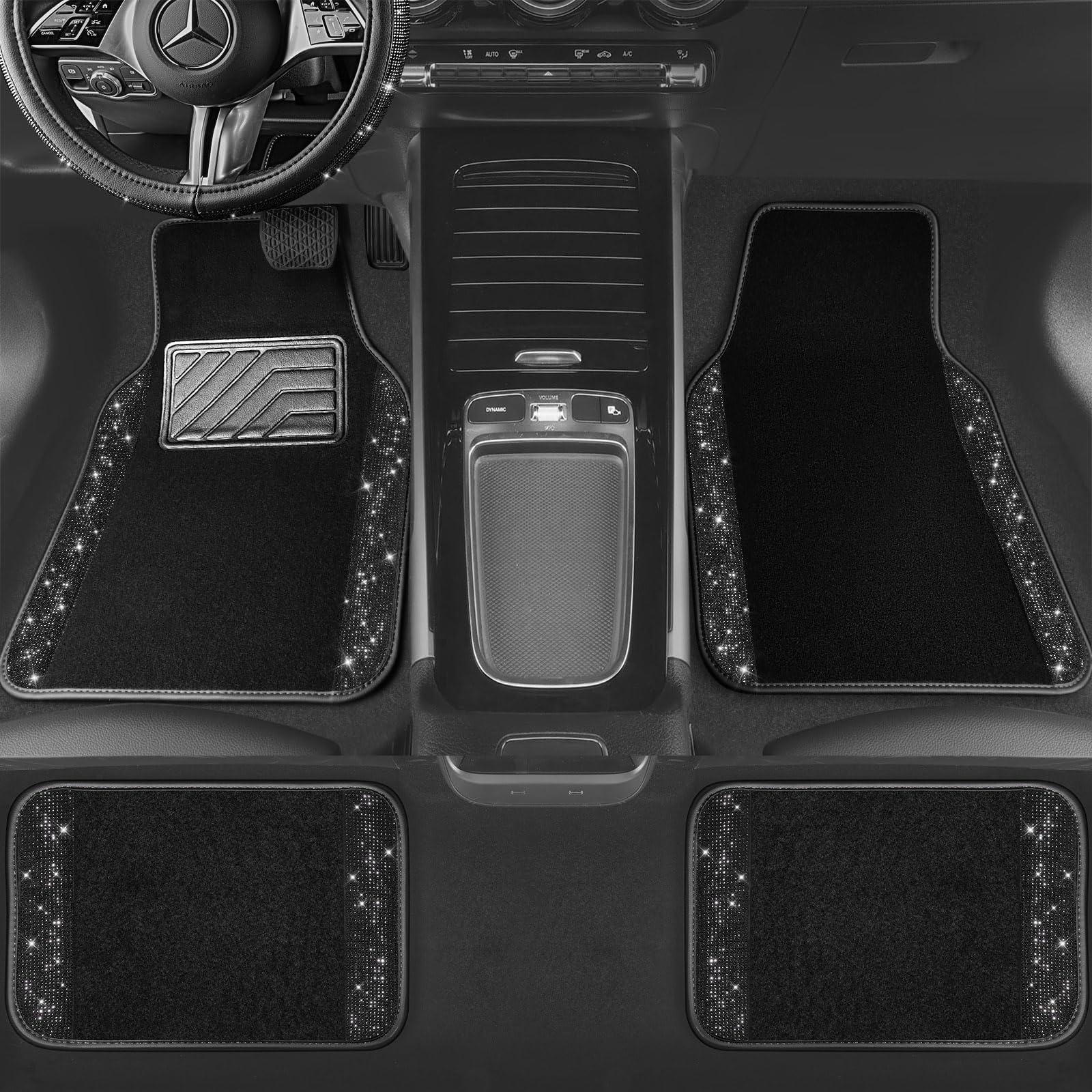 Car Pass Bling Rhinestones Diamond Universal Waterproof Car Floor Mat, Crystal Sparkling Shining Glitter Carpet With Anti-Slip Pvc Heel Pad For Suv,Sedan,Van,4Pcs Girl Women Men (Black)