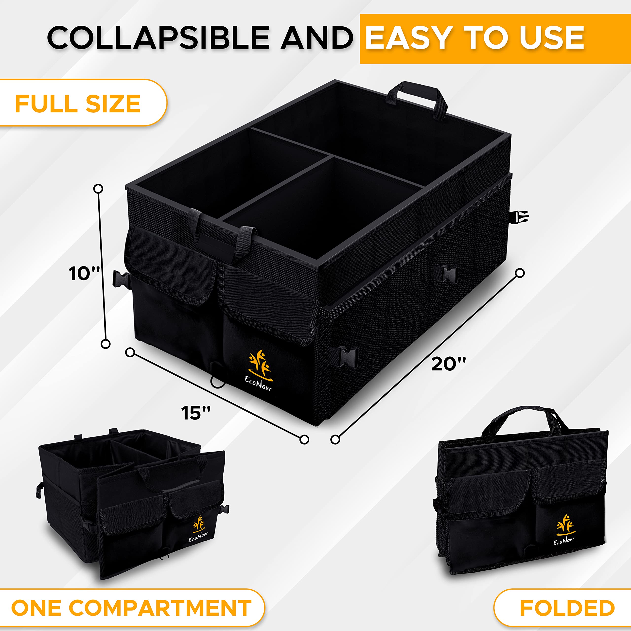 EcoNour Car Storage Organizer, Collapsible Multi Compartment SUV Trunk Organizer, Non Slip Bottom, Adjustable Securing Straps (Black, Standard Size)