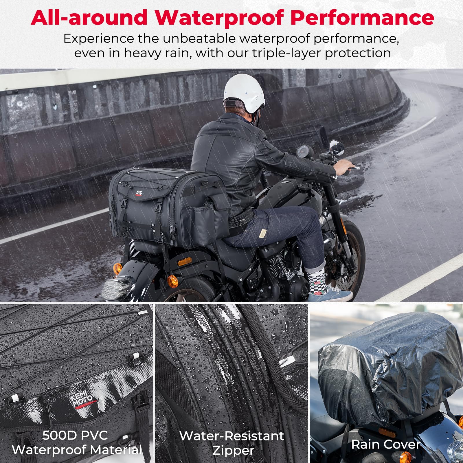 Kemimoto Motorcycle Travel Luggage Bags, 60L Expandable Large Capacity Motorcycle Tail Bag, Waterproof Rear Rack Trunk, Motor Pannier Bag With Rain Cover And Straps