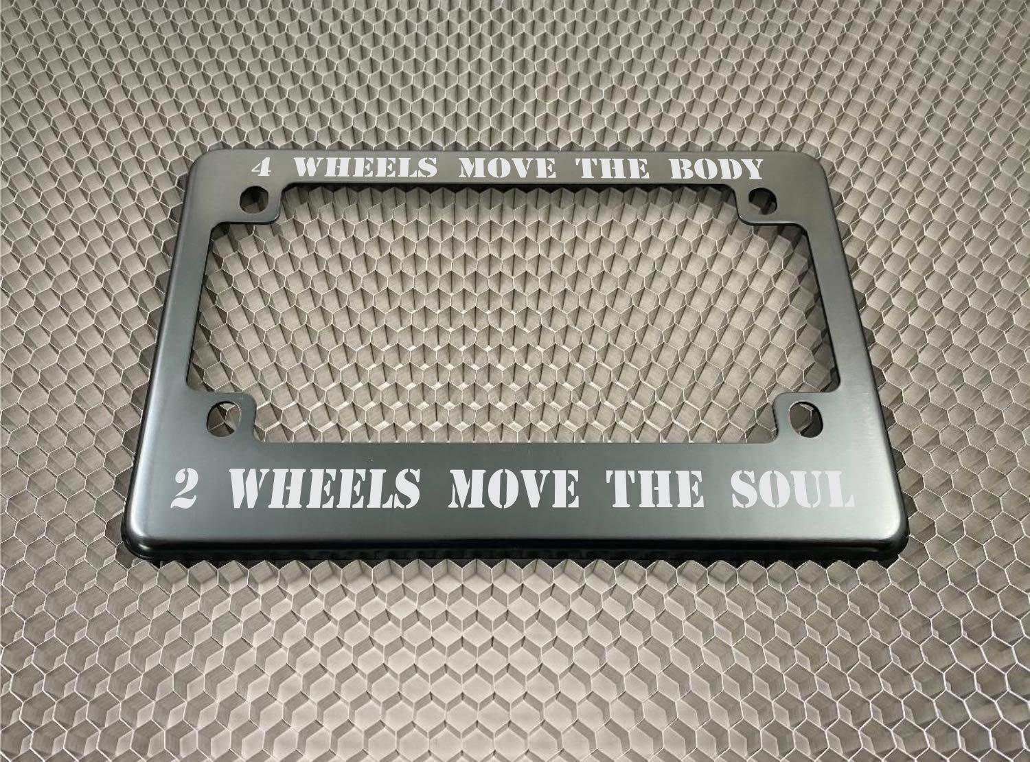 Motorcycle Personalized With Custom Text Design - Anodized Aluminum Laser Etched Standard Size License Plate Frame - Gray