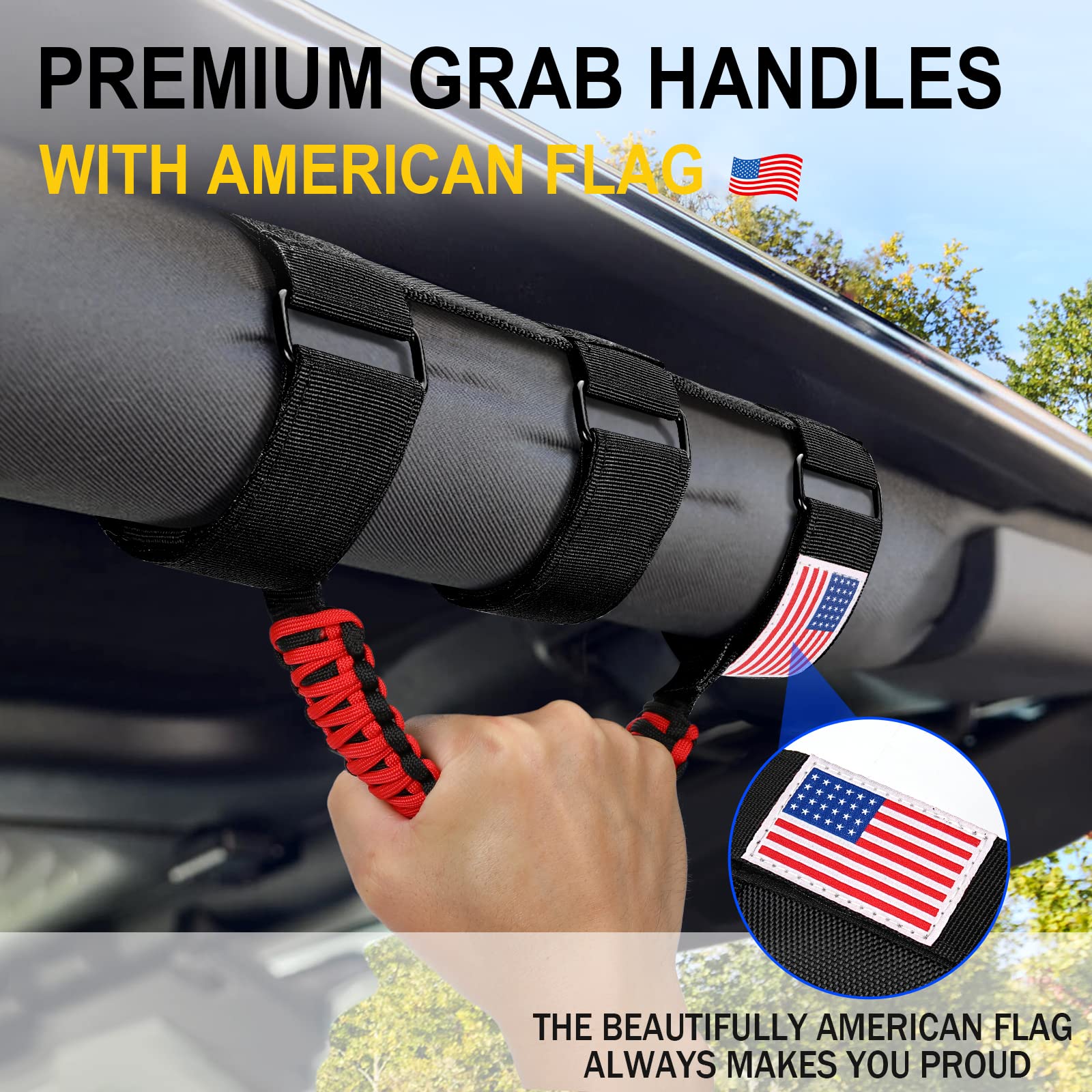 Moveland 4 Pack Roll Bar Grab Handles, Paracord Grip Handles For 1955-2023 Jeep Wrangler Jl, Jk, Tj, Yj & Jeep Gladiator Accessories - Upgrade Metal Buckle, Strong & Durable (Red)